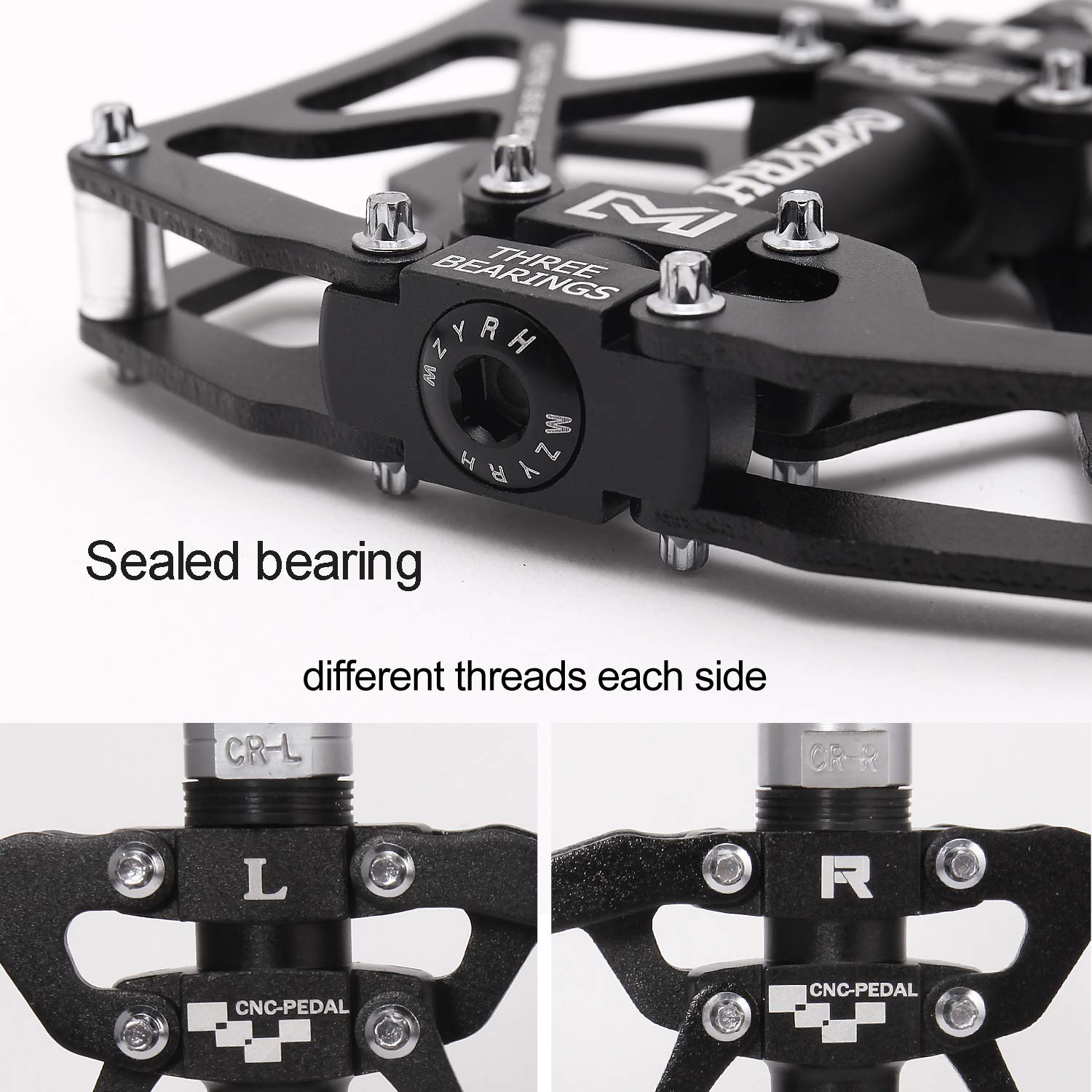 Mzyrh Mountain Bike Pedals, Ultra Strong Colorful Cnc Machined 9/16'' Cycling Sealed 3 Bearing Pedals(Black 3 Bearings)