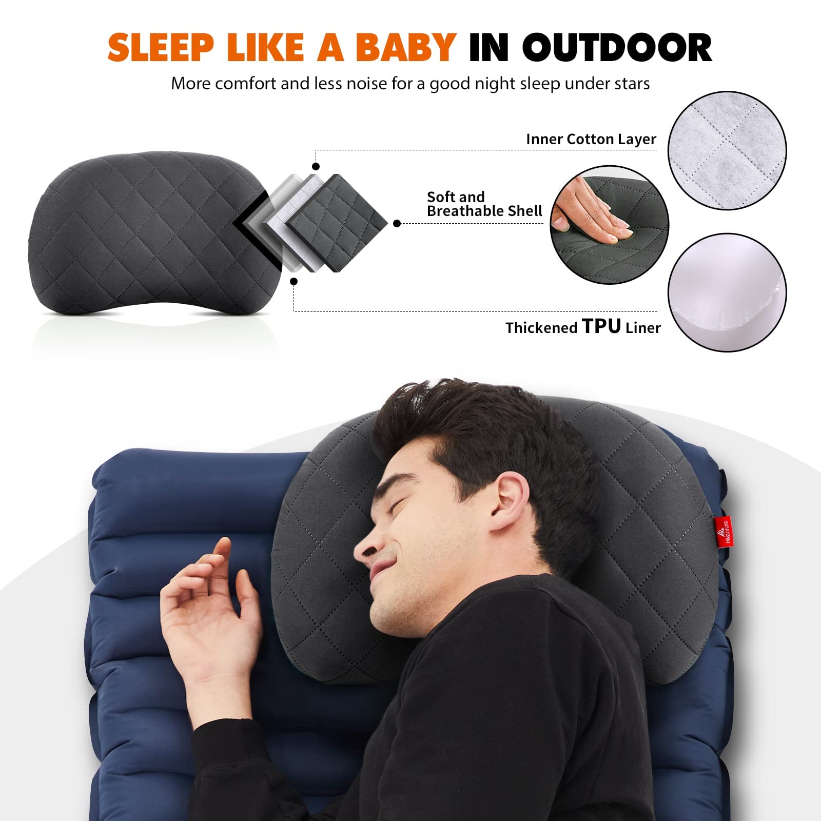 Hikenture Camping Pillow, Inflatable Air Pillow With Removable Cover, Backpacking Pillow For Sleeping, Ultralight Blow Up Pillow