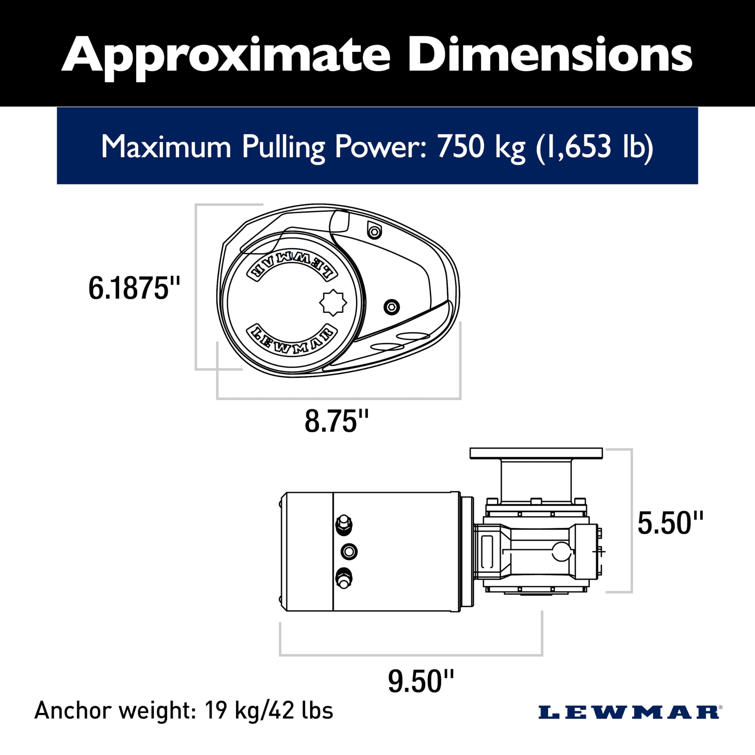 Lewmar 12V/700-Watt V1 (002) Gypsy Only For Electric Power/Sailboats 28'-40' With 1/4'' G4 Chain, Max Pull 1,653 Lbs. - 20202011