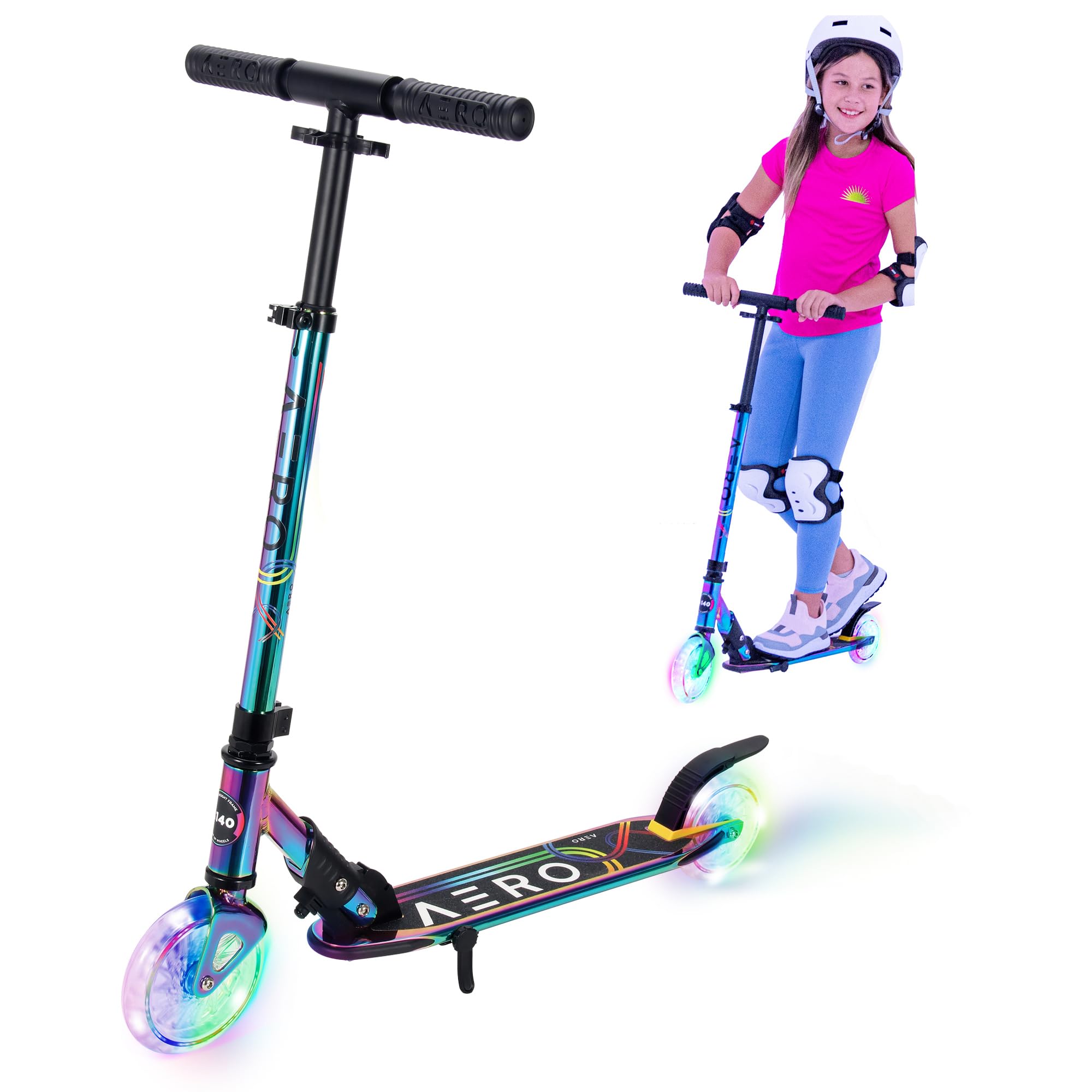 Aero A140 Kick Scooter with Metallic Chrome Finish, Clear Light up Wheels, Foldable and Height Adjustable, 2 Wheel Scooters for 