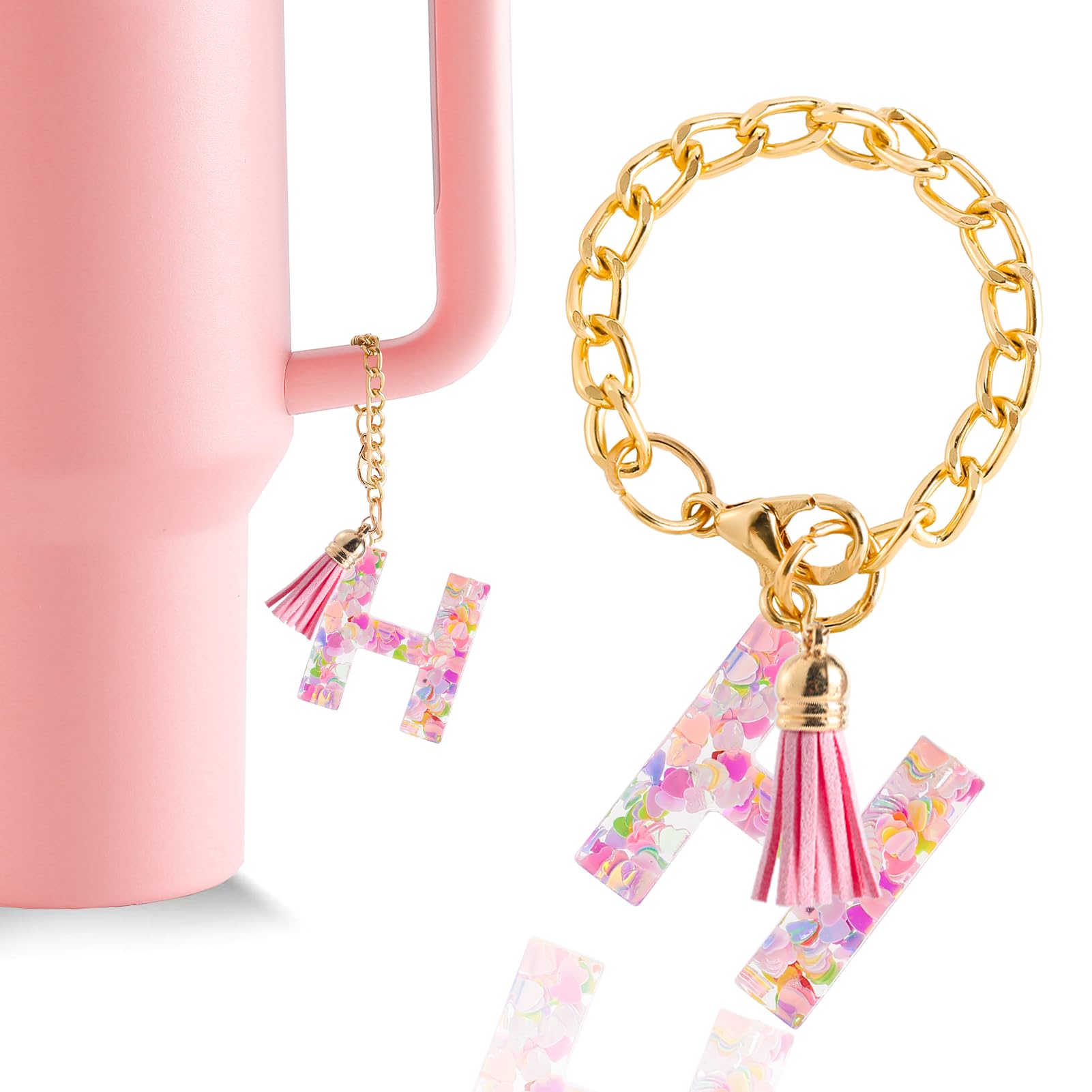Letter Charm Accessories for Stanley Cup 1 PCS Cute Initial Keychain Handle Charm for Stanley Tumbler for Women Pink Letter H