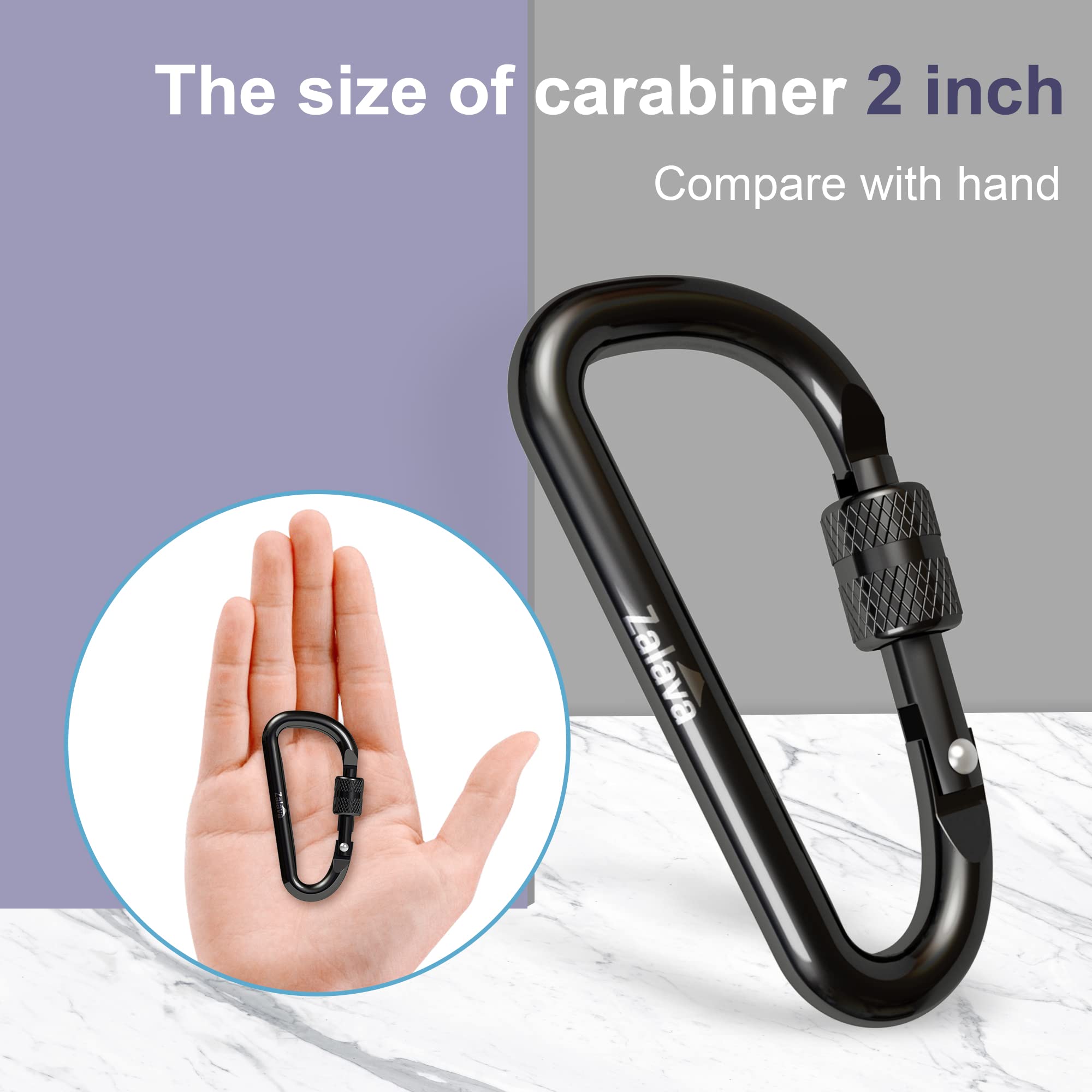 Zalava 6 Pcs 2D-Clip Durable Locking Carabiner Keychain Clip,Keychain Clip Hook,Black