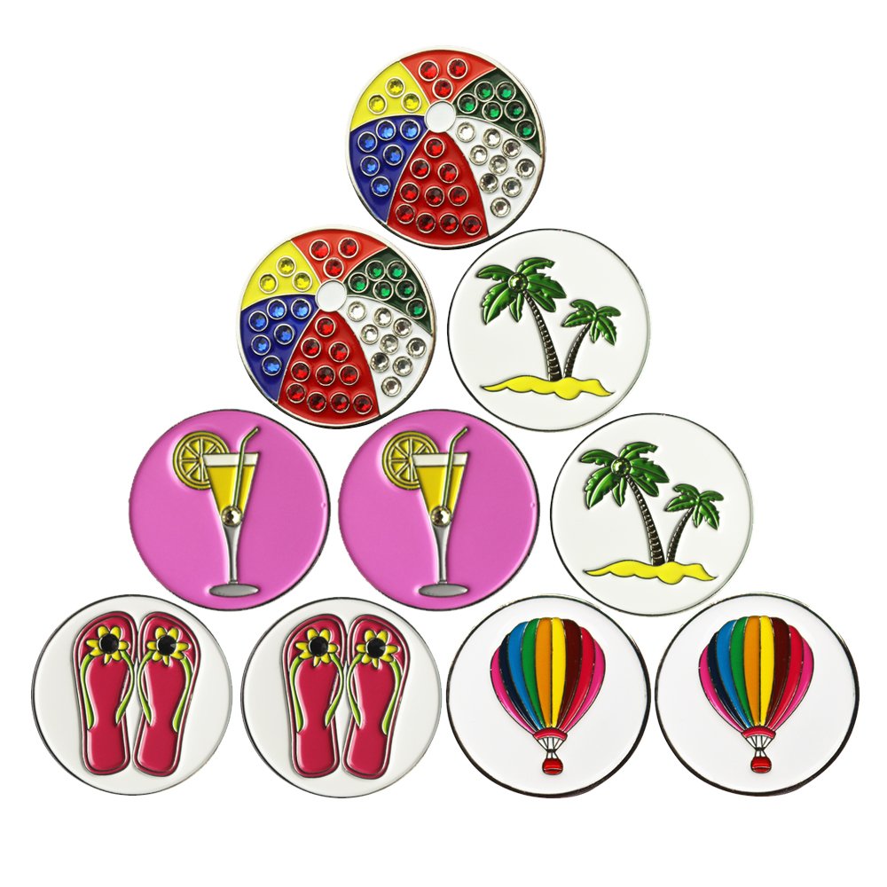 Pinmei Lot Of 10 Golf Ball Markers Assorted Patterns, Soft Enamel Technique, Dia 24.4Mm (Beach Series)