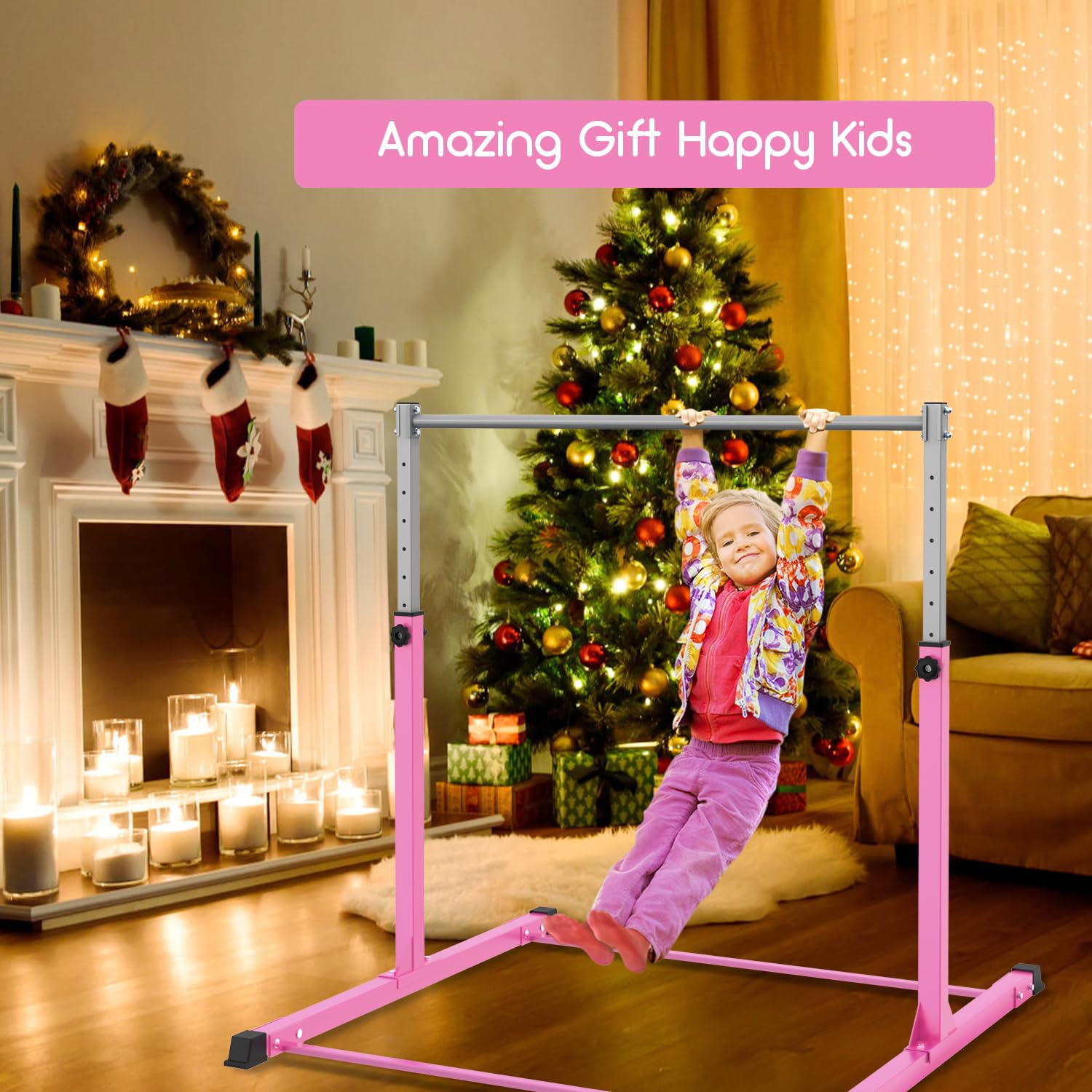 Safly Fun Gymnastics Bar For Kids Ages 3-15 For Home - Steady Steel Construction, Anti-Slip, Easy To Assemble, 3' To 5' Adjustab