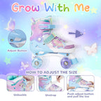 Kids Roller Skates For Girls Boys - Purple For Big Kids Age 7 8 9 10 - Adjustable All Light Up Wheels Butterfly And Flower Indoo