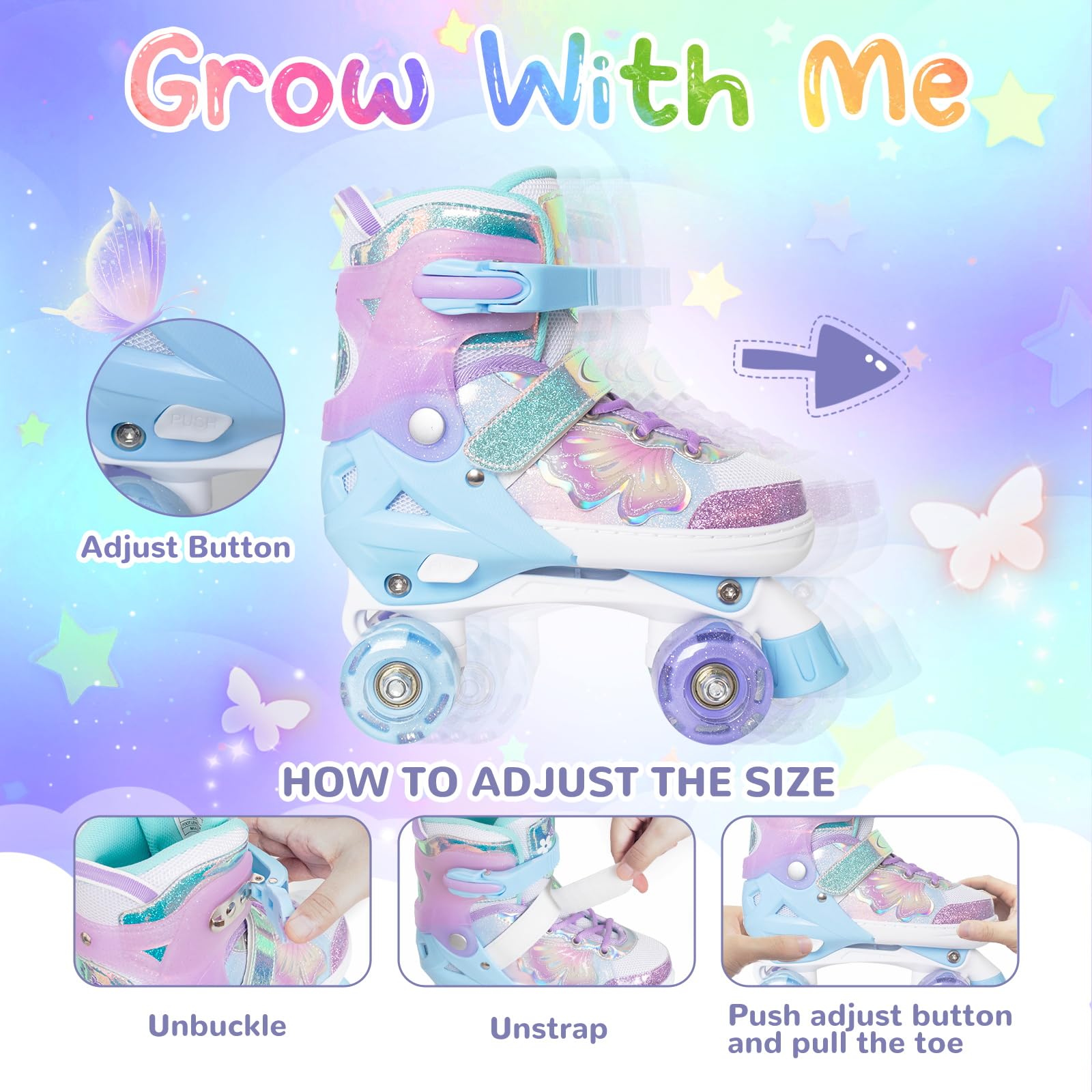 Kids Roller Skates For Girls Boys - Purple For Teenagers Youth Age 10 11 12 - Adjustable All Light Up Wheels Butterfly And Flowe