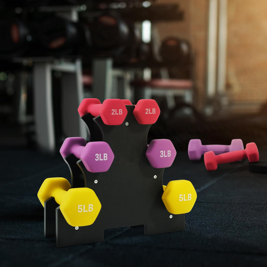 Fitvids Neoprene Dumbbell Set with Rack - Multiple Weight Options - 20LB Set (2/3/5LB Pairs) - Color Series
