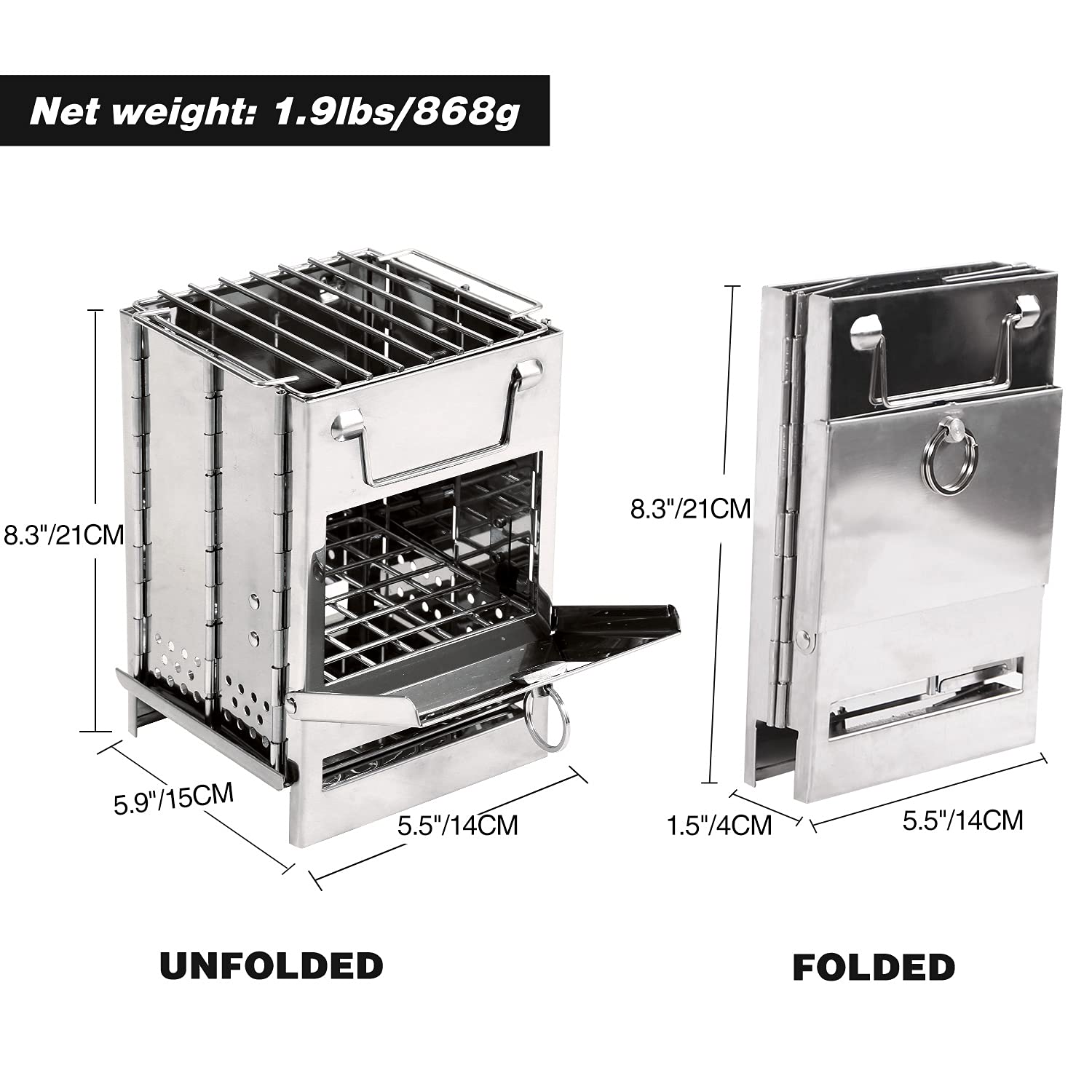 Redcamp Wood Burning Folding Camp Stove Stainless Steel Grill, Portable Collapsible Backpacking Stove Survival Rocket Stove For