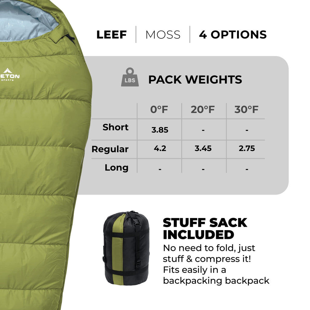 Teton Sports Leef Lightweight Mummy Sleeping Bag; Great For Hiking, Backpacking And Camping; Free Compression Sack; 0F Short, Mo