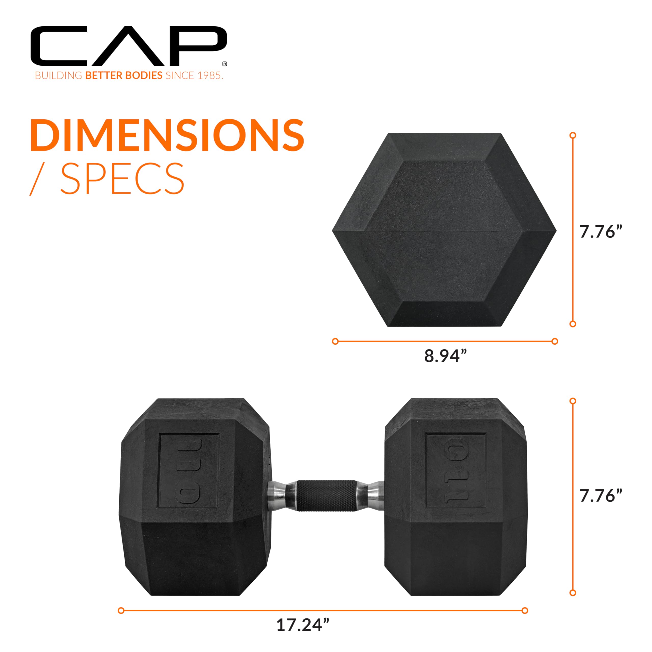 CAP Barbell 110 LB Rubber Coated Hex Dumbbell Hand Weight with Padded Grip - Pair | Comfort Grip