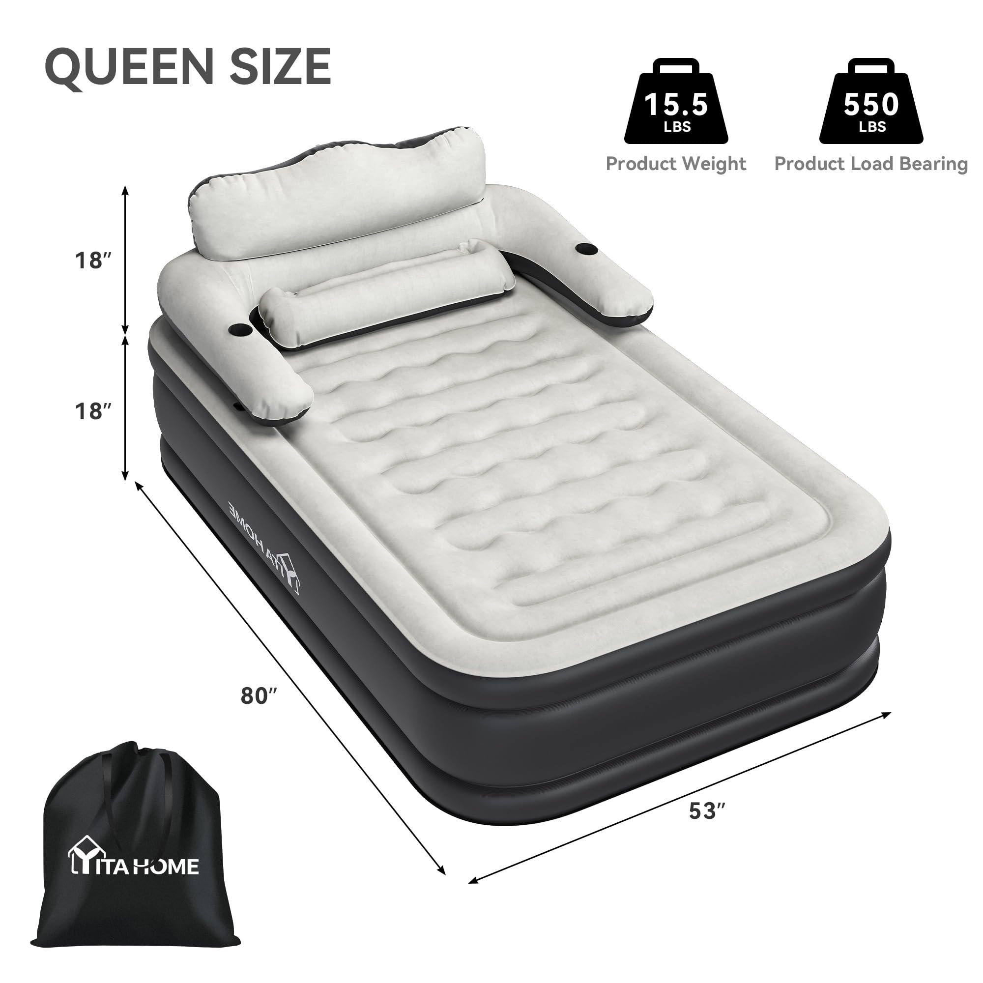 YITAHOME FullXL Size Air Mattress with Headboard, 18in Inflatable with Pillow, Blow Up Mattress with Pump, Comfort Air Bed Queen
