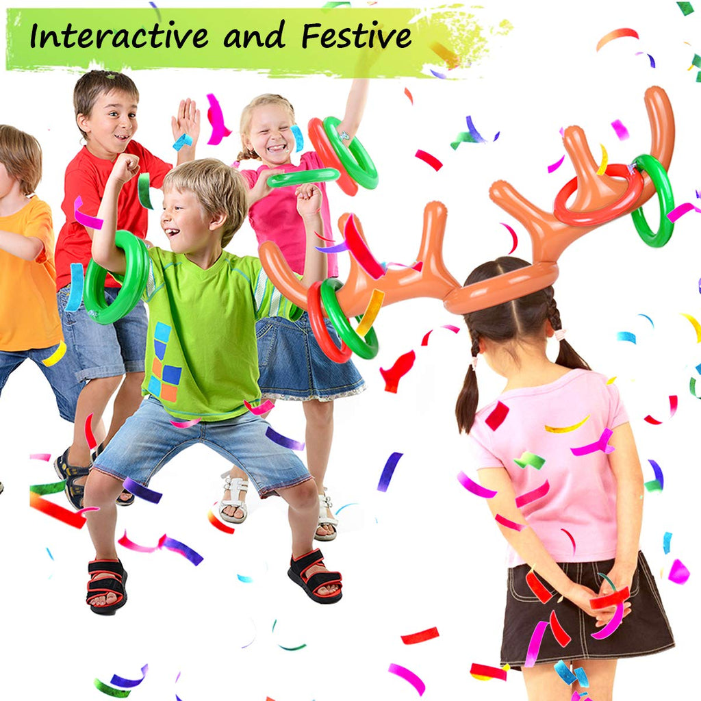 2 Set Inflatable Reindeer Antler Game, (2 Inflatable Antler, 12 Rings Reindeer Ring Toss) Inflatable Reindeer Antler Hat With Ri