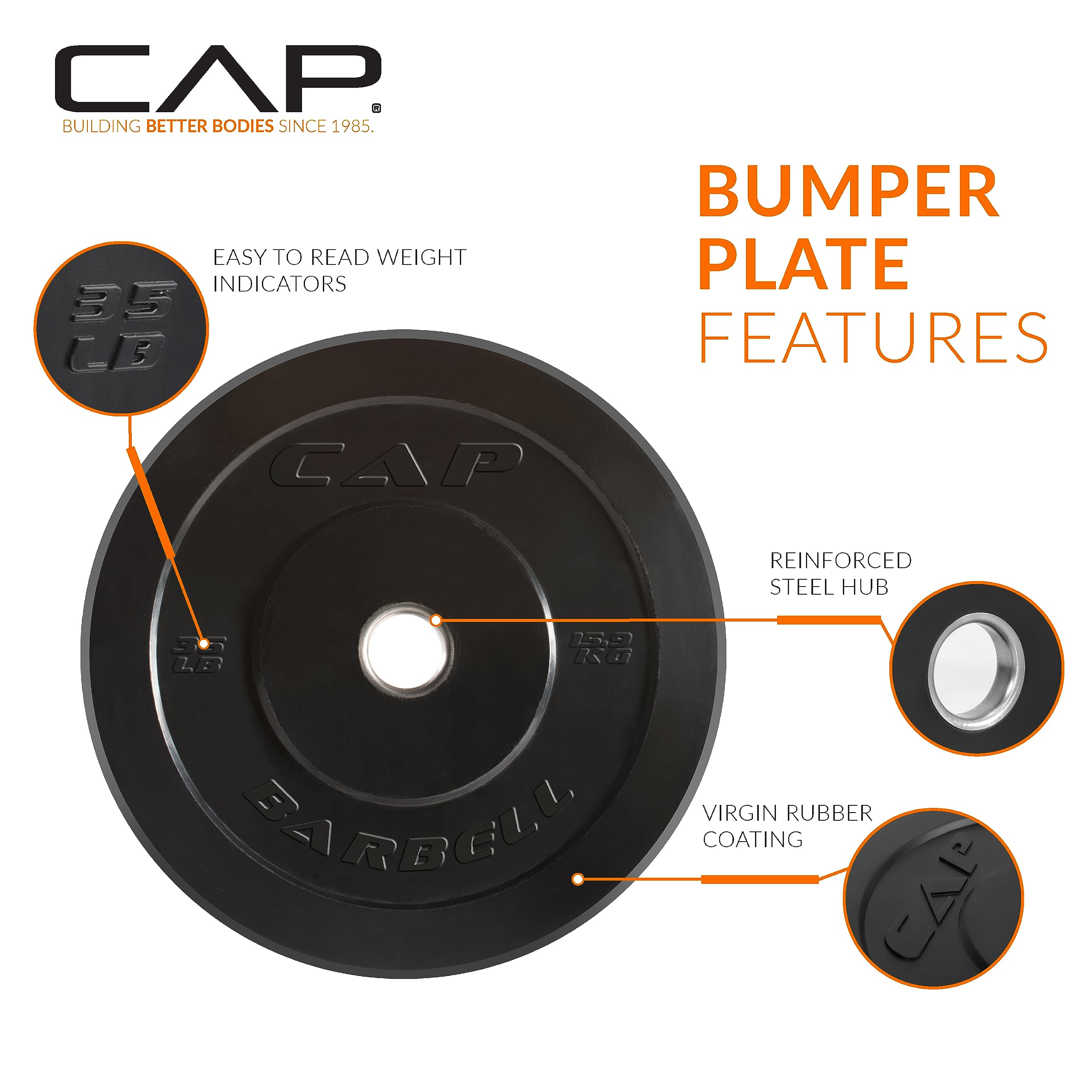 Cap Barbell Better Olympic Bumper Plate, Black, 35 Lb Single