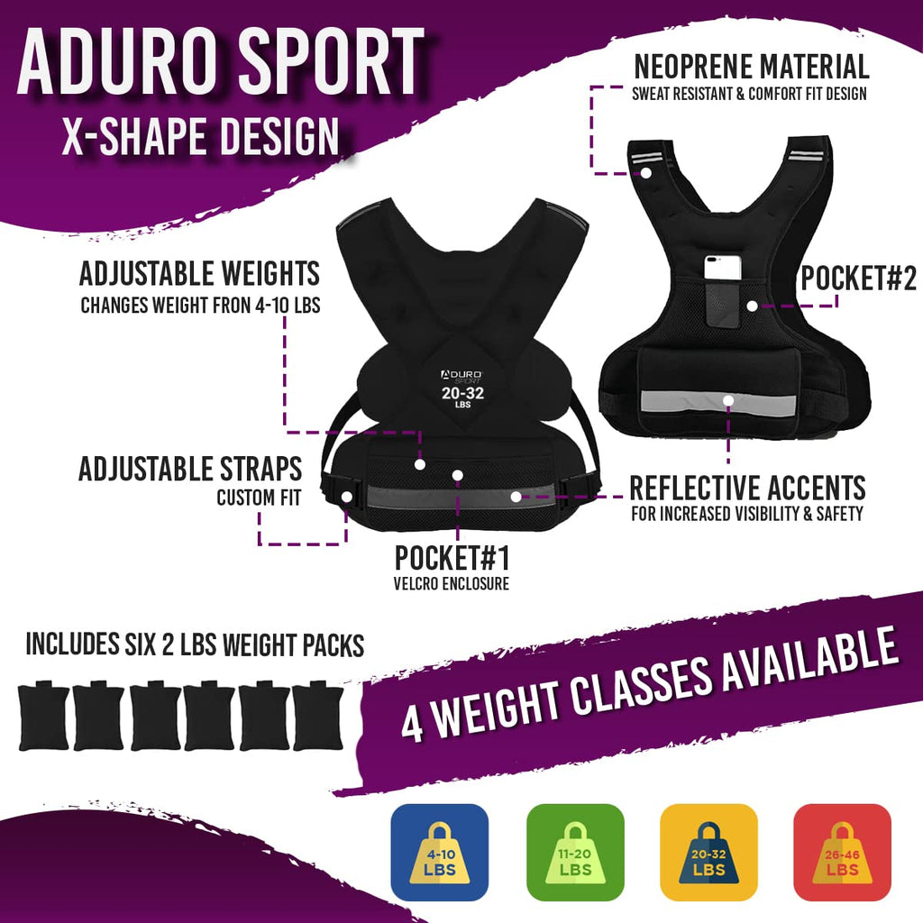 Aduro Sport Adjustable Weighted Vest Workout Equipment, 20Lbs-32Lbs Body Weight Vest For Men, Women, Kids,Black