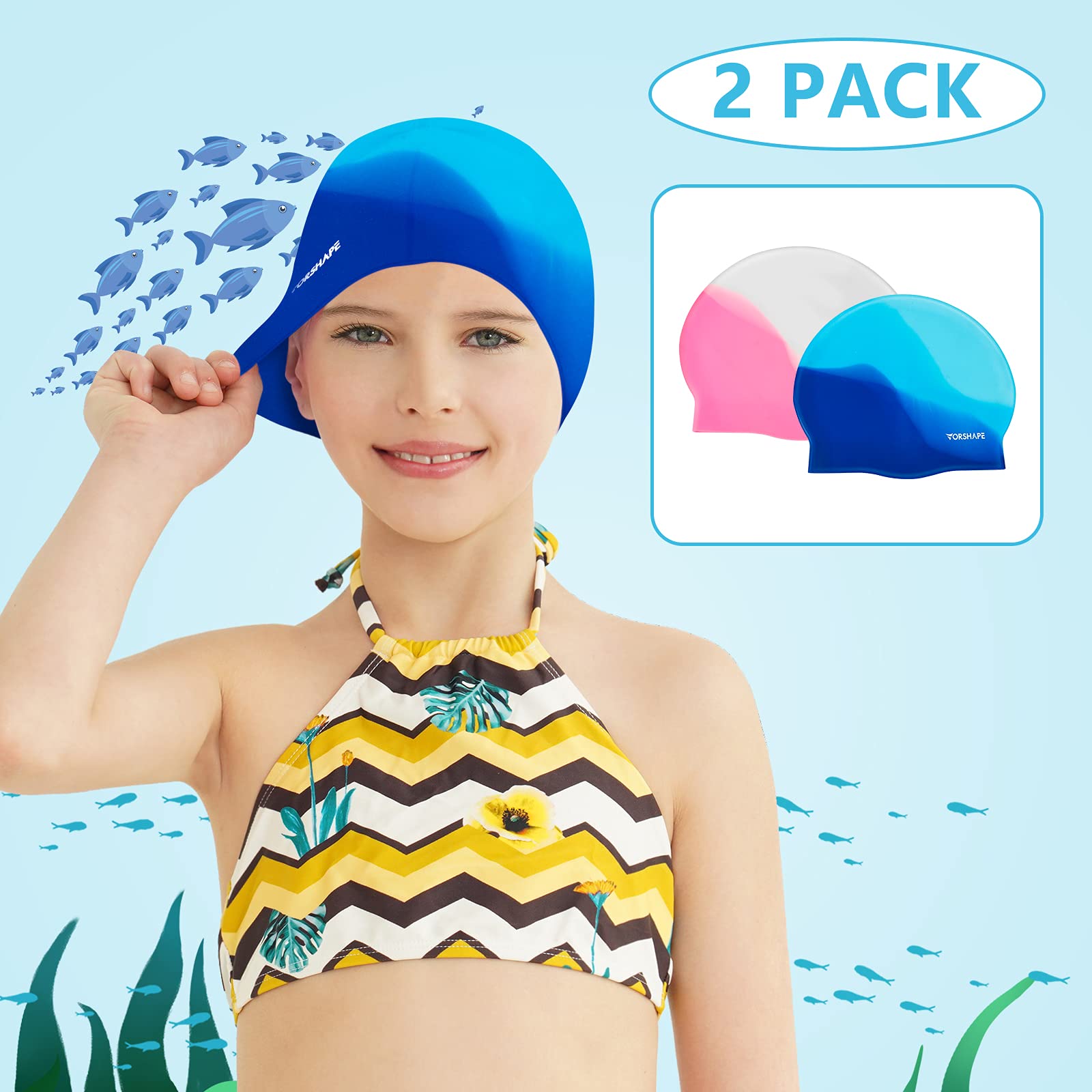 Vorshape Swim Cap Kids (2 Pack), Durable Waterproof Swimming Cap For Girls Boys Teens Toddler, Comfortable Fit For Long Hair And