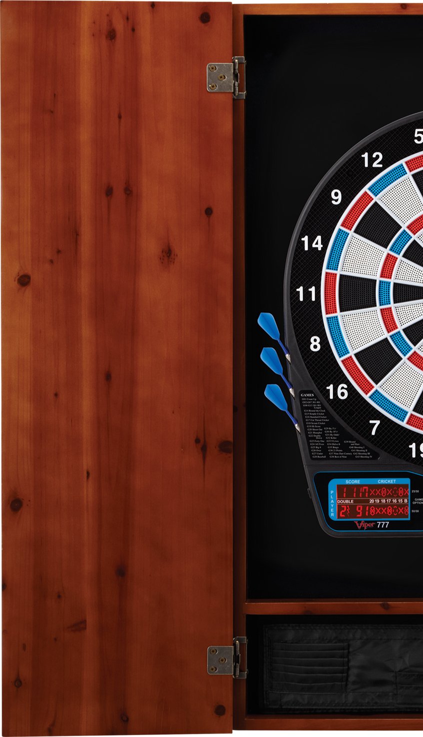 Viper Metropolitan Solid Wood Cabinet & Electronic Dartboard Ready-To-Play Bundle: Standard Set (777 Dartboard), Cinnamon Finish
