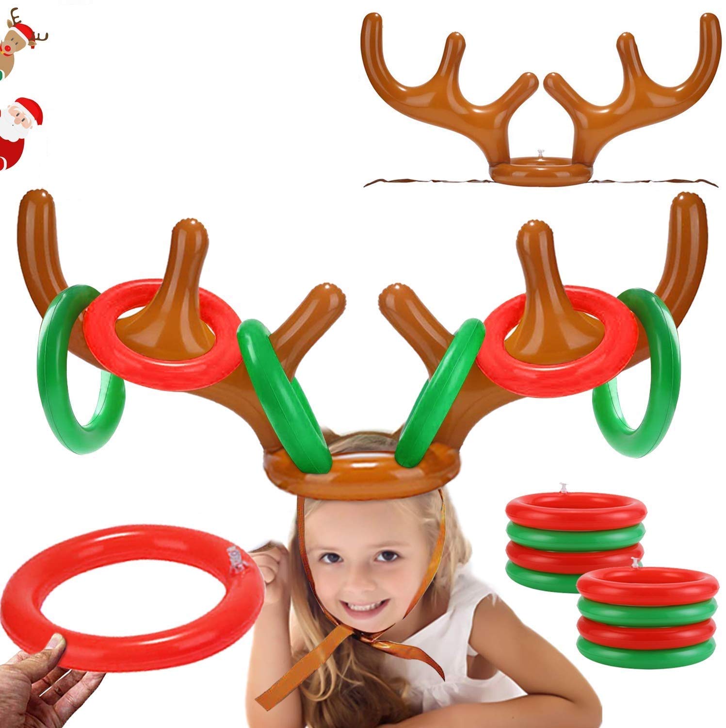 2PCS Christmas Party Toss Game Inflatable Reindeer Antler Hat with Rings for Kids Adults Family Xmas Fun Games(1 Pump,8 Rings, 2
