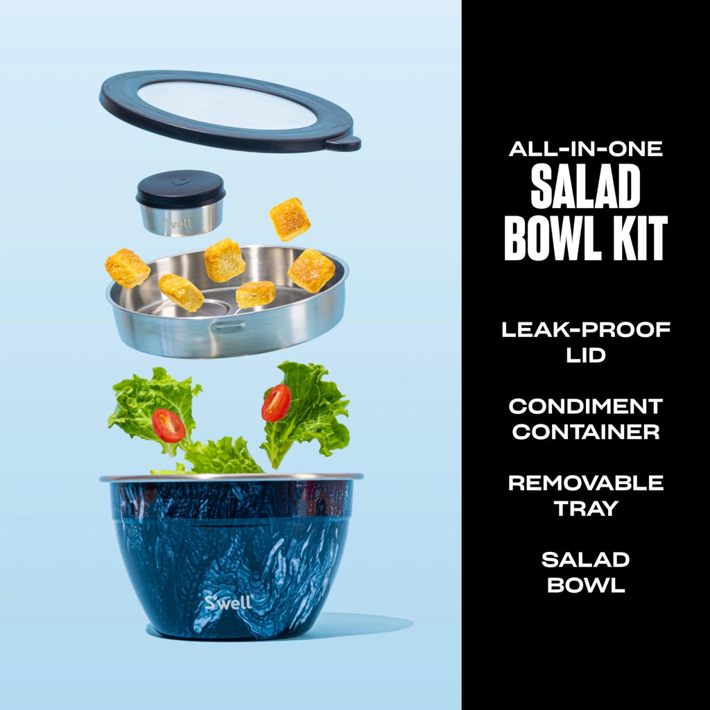 Swell Stainless Steel Salad Bowl Kit - 64Oz, Azurite - Comes With 2Oz Condiment Container And Removable Tray For Organization -