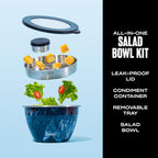 Swell Stainless Steel Salad Bowl Kit - 64Oz, Azurite - Comes With 2Oz Condiment Container And Removable Tray For Organization -