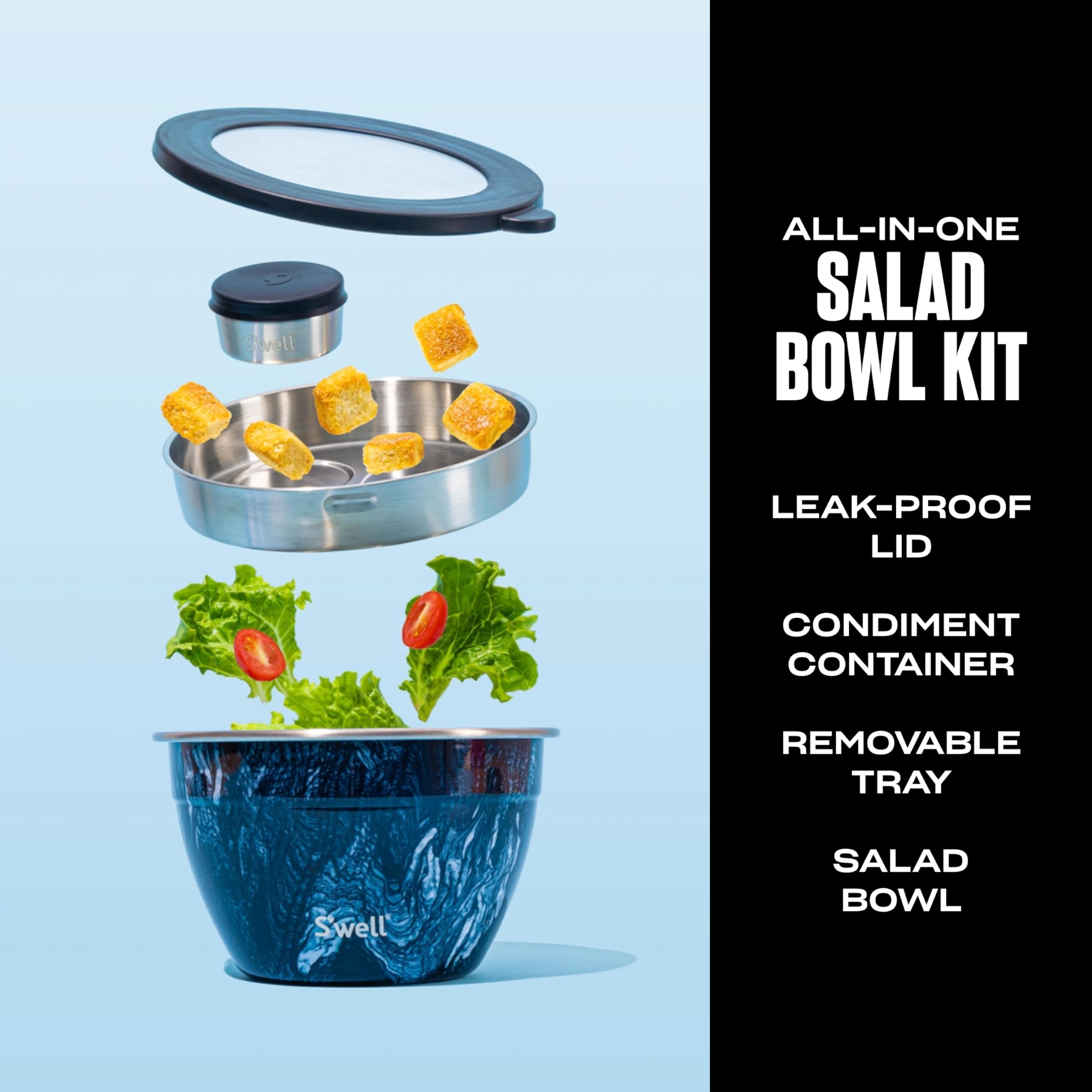 Swell Stainless Steel Salad Bowl Kit - 64Oz, Azurite - Comes With 2Oz Condiment Container And Removable Tray For Organization -
