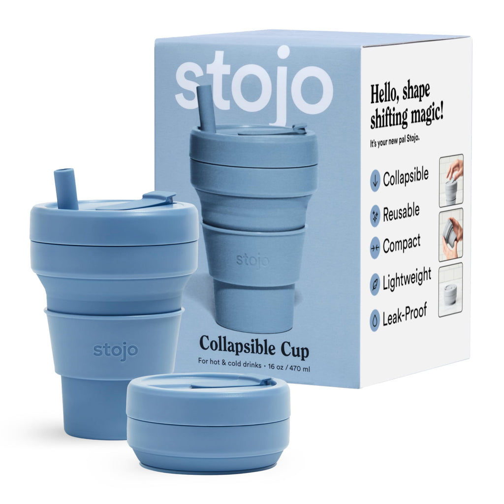 Stojo Collapsible Travel Cup With Straw - Steel Blue, 16Oz / 470Ml - Reusable To-Go Pocket Size Silicone Bottle For Hot And Cold
