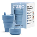 Stojo Collapsible Travel Cup With Straw - Steel Blue, 16Oz / 470Ml - Reusable To-Go Pocket Size Silicone Bottle For Hot And Cold