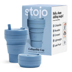 Stojo Collapsible Travel Cup With Straw - Steel Blue, 16Oz / 470Ml - Reusable To-Go Pocket Size Silicone Bottle For Hot And Cold