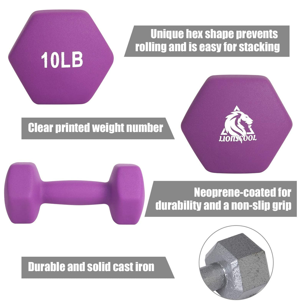 LIONSCOOL Neoprene Coated Dumbbell Weights (Purple 10lb Pair)