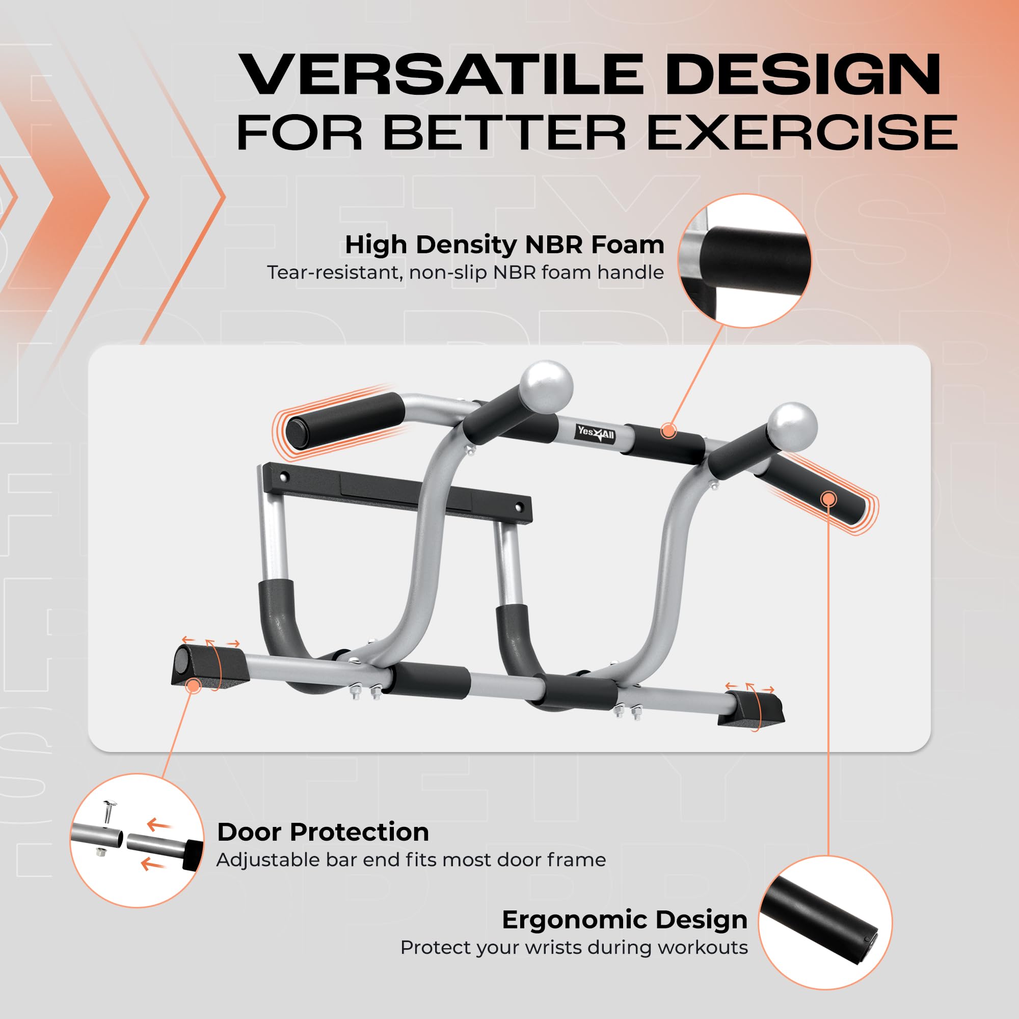 Yes4All Heavy Duty Steel Elevated Door Pull Up Bar, Adjustable Pull Up Bar For Doorway Of 24 To 36 Inch, Multi-Grip For Differen