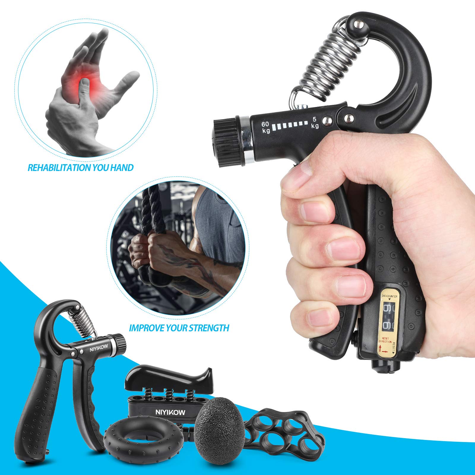 Niyikow Grip Strength Trainer Kit (5 Pack), Counting Grip Strength, Adjustable Hand Grip Strengthener, Finger Trainer, Finger St