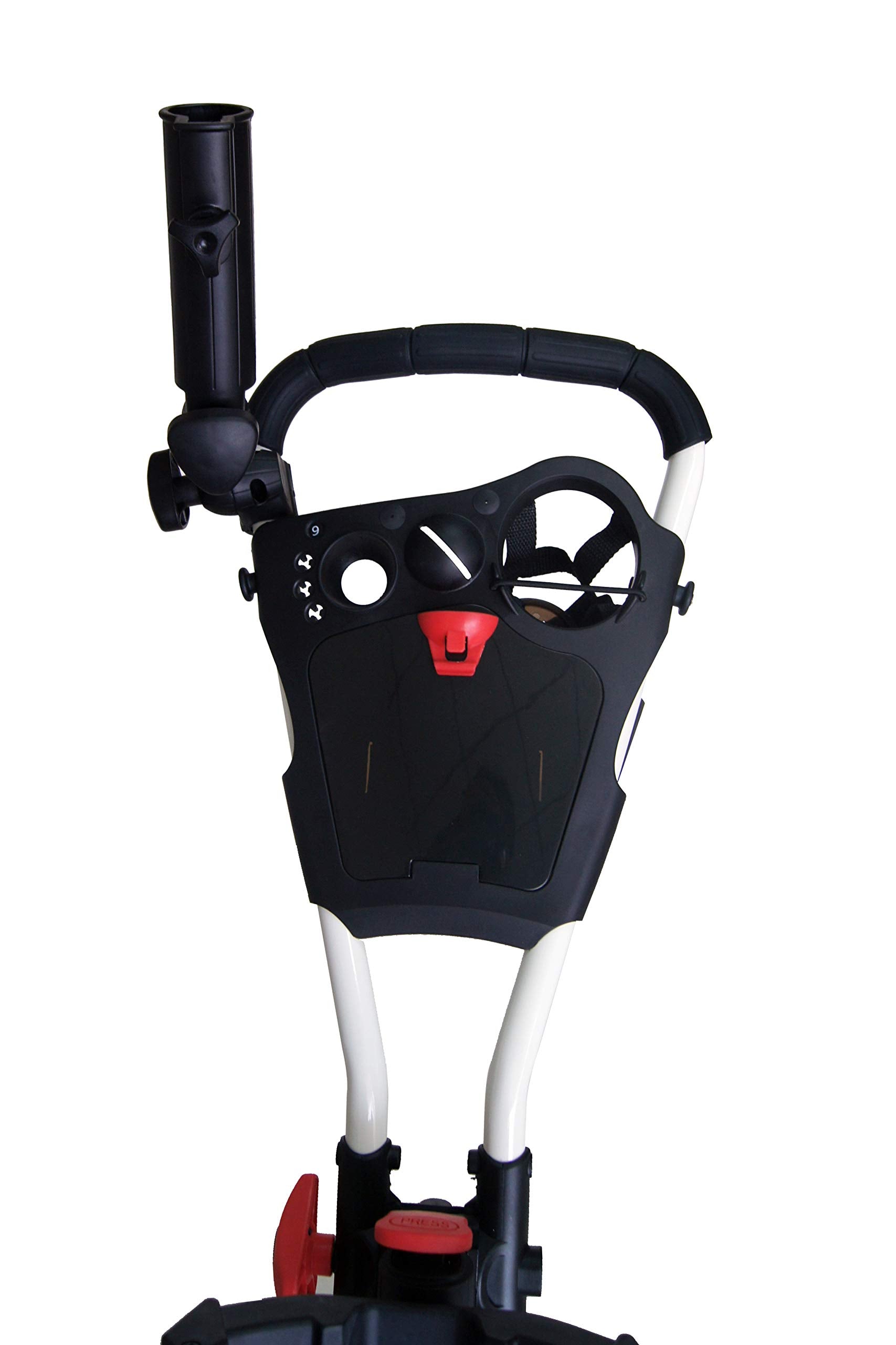 Qwik-Fold 360 Swivel 3 Wheel Push Pull Golf Cart - 360* Rotating Front Wheel - One Second To Open & Close! (White/Red)
