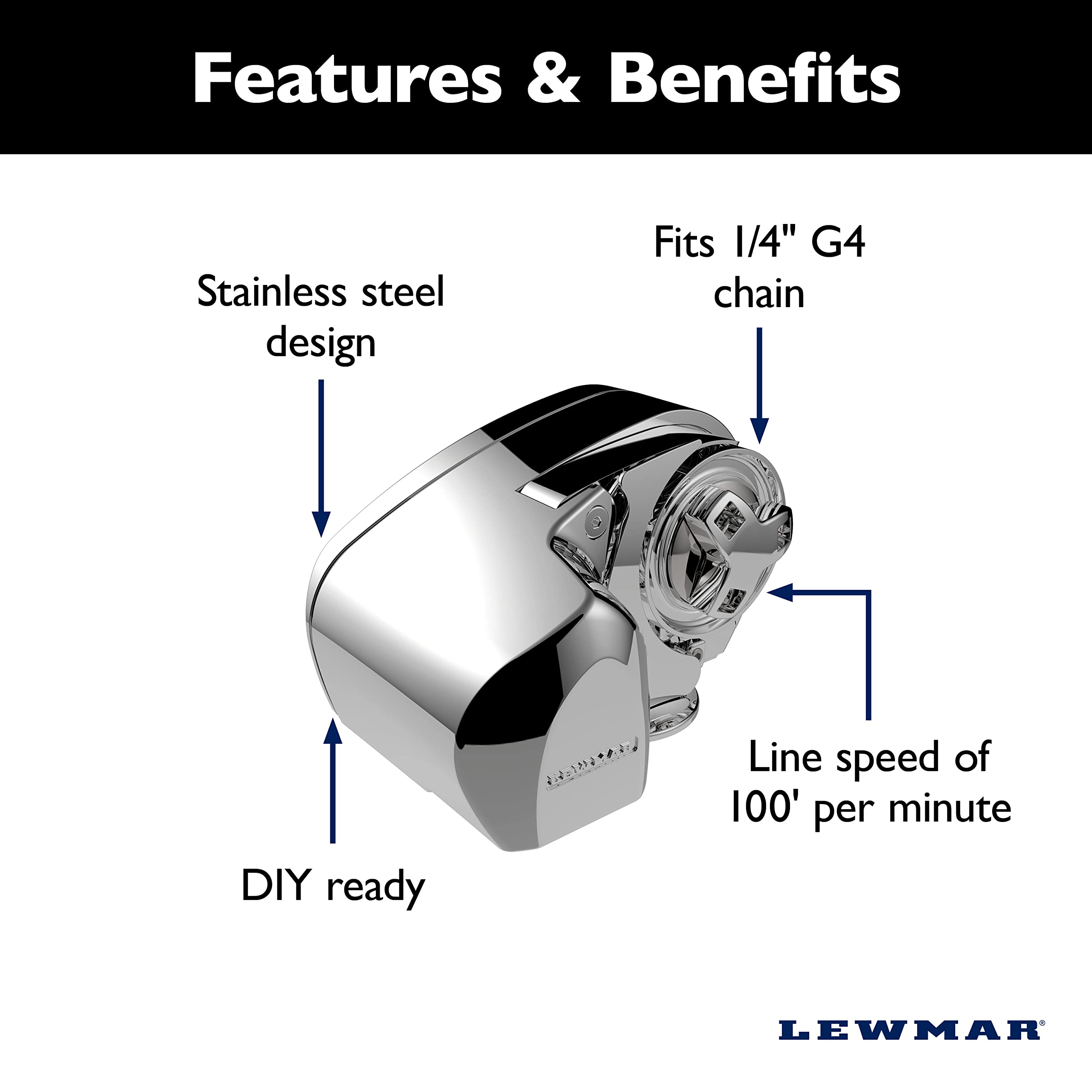 Lewmar 12V/700-Watt Pro-Series Gypsy With 316 Stainless Steel For Boats 20'-38' With 1/4'' G4 Chain, Max Pull 700 Lbs. - 2020201