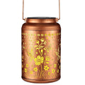 Solar Hanging Lantern Metal Outdoor Light With CutOut Floral And Butterfly Pattern, Warm Projection Design, Brown Finish
