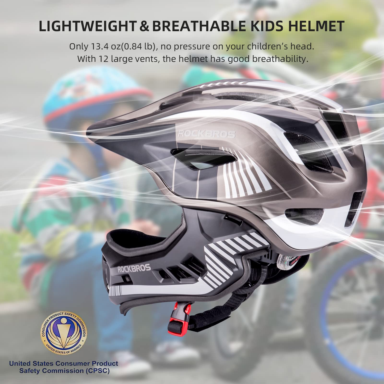 Rock Bros Kids Bike Helmet Toddler Full Face Helmet Detachable Ultralight Mountain Bike Cycling Helmet For Bmx Bicycle, Skateboa