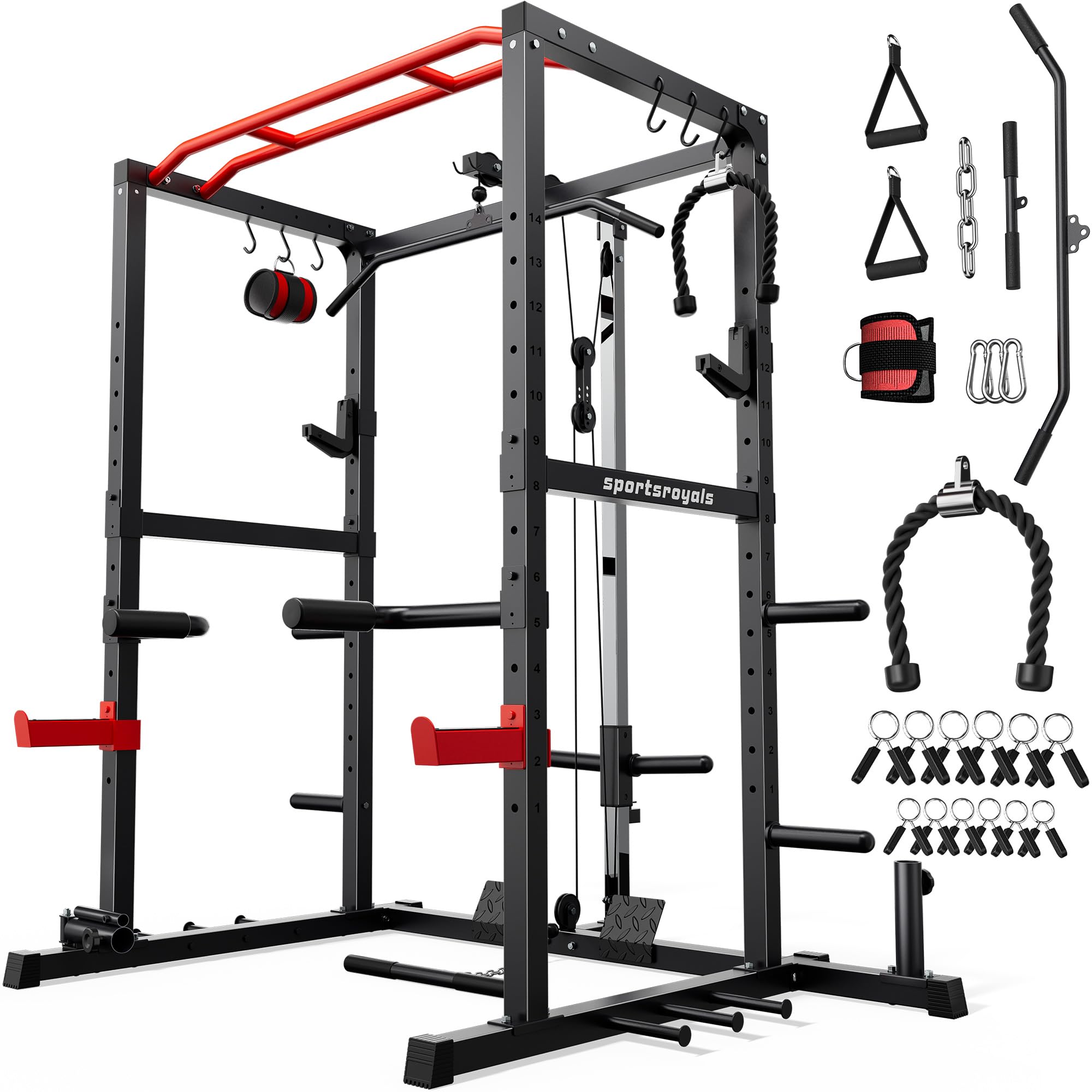 Sportsroyals Squat Rack, LAT Power Cage, Power Rack Multi-Function with Pulley System and Training Attachments for Home Gym