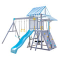 Teamson Kids Laguna Outdoor Wooden Swing Set with Slide, Rock Climbing Wall, Fireman Pole & Trapeze Bar, Gray & Aqua, Backyard P