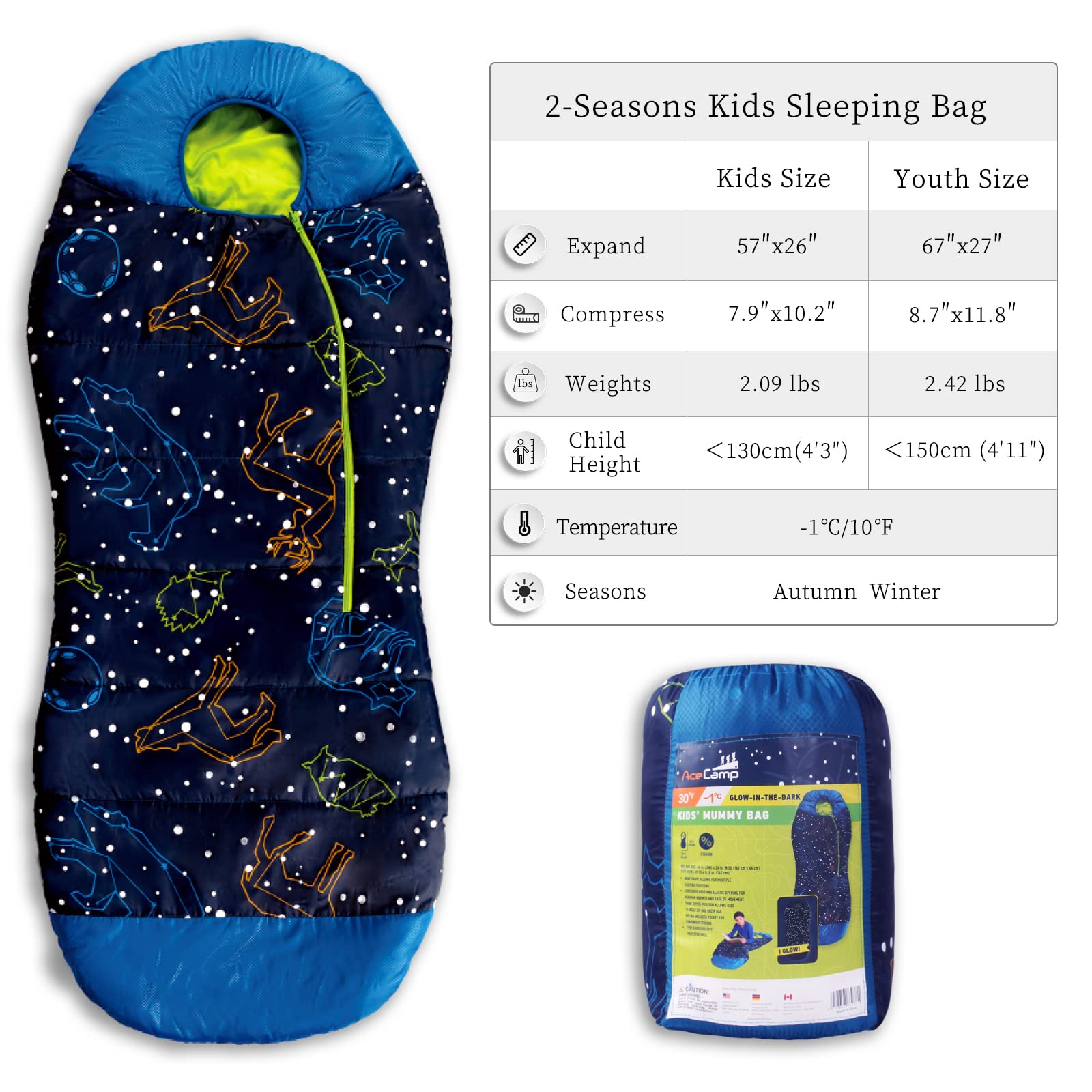 Acecamp Glow In The Dark Mummy Sleeping Bag For Kids And Youth, Temperature Rating 30?F/-1?C, Water-Resistant For Camping, Hikin