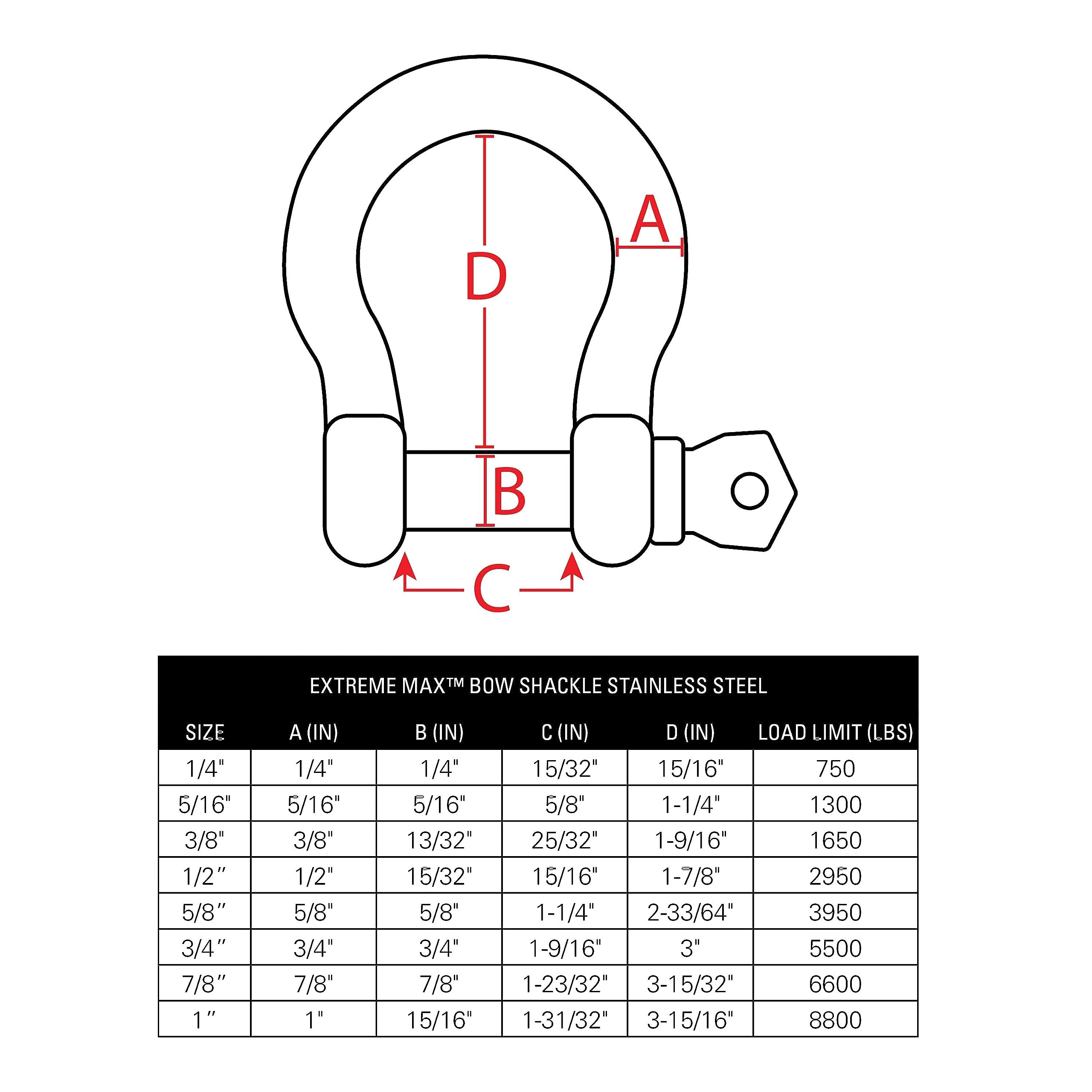 Extreme Max 3006.8294.4 Boattector Stainless Steel Bow Shackle - 3/8'', 4-Pack