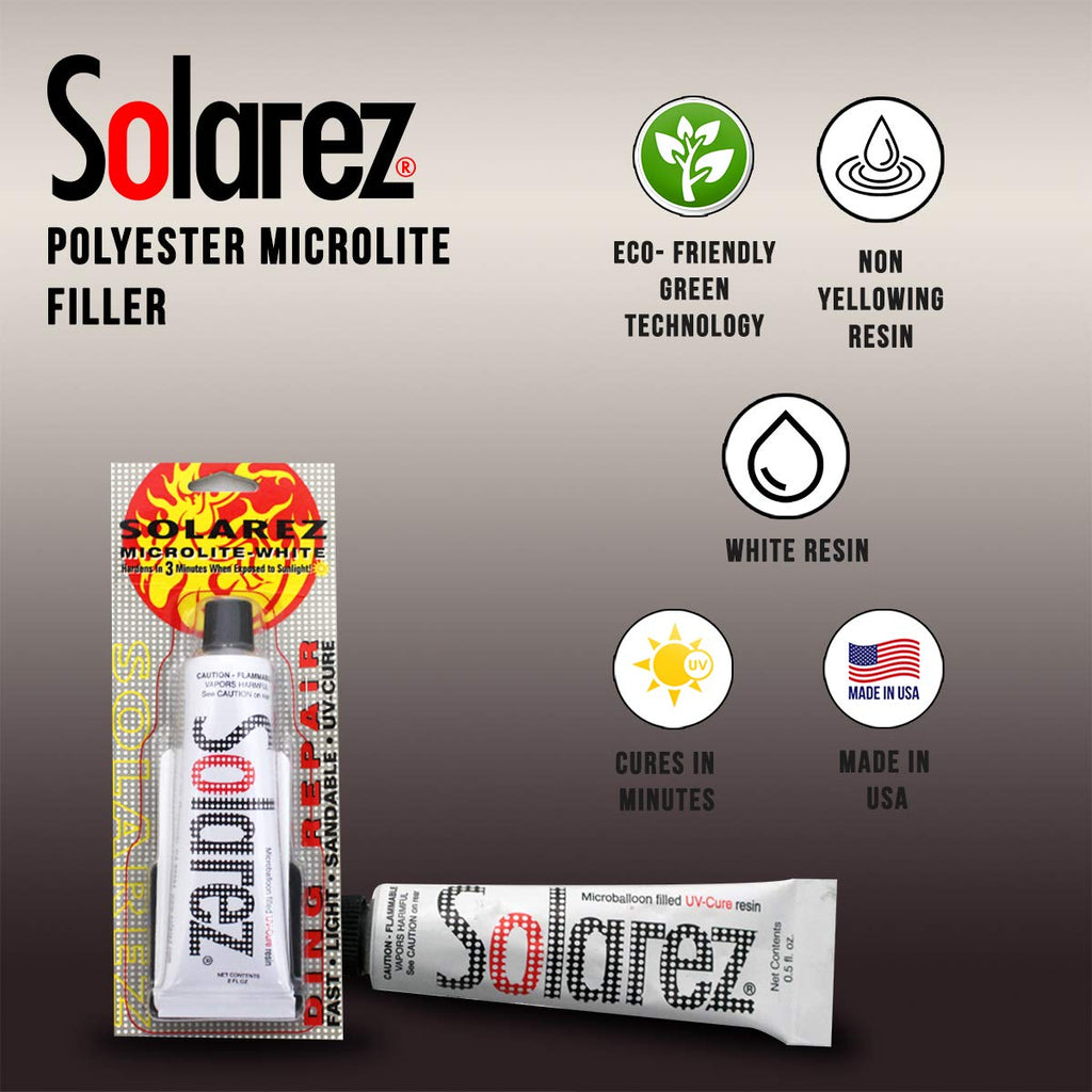 Solarez Uv Cure Microlite White Polyester Ding Repair Filler (0.5 Oz) - Surfboard Repair Foam With 60/240 Grit Sand Pad & Spread