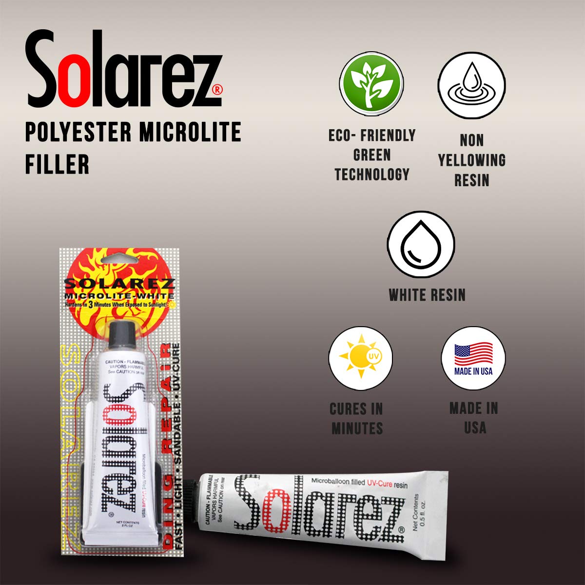 Solarez Uv Cure Microlite White Polyester Ding Repair Filler (0.5 Oz) - Surfboard Repair Foam With 60/240 Grit Sand Pad & Spread