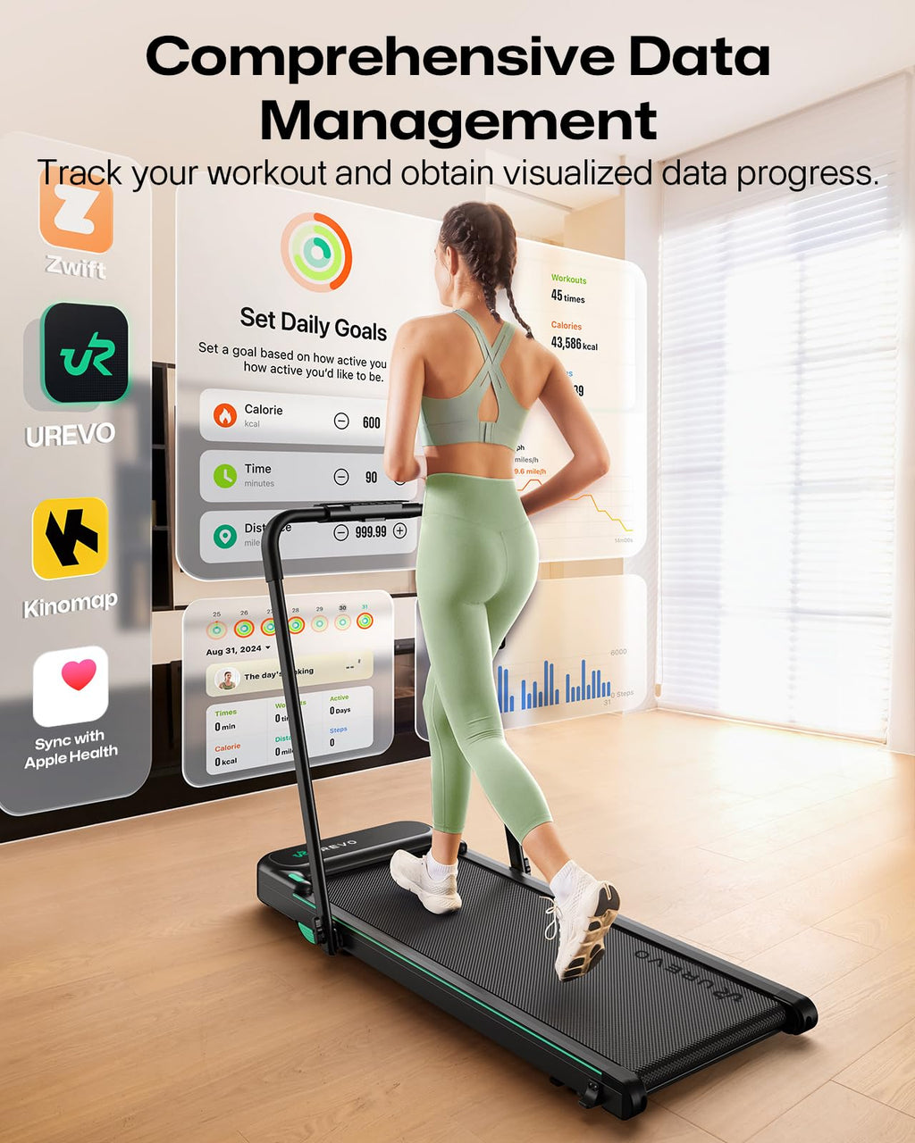 UREVO Strol 2E Smart 2-in-1 Folding Treadmill, Compact Walking Pad with Safety Handle, Plug and Play, Dual LED Display, Workout