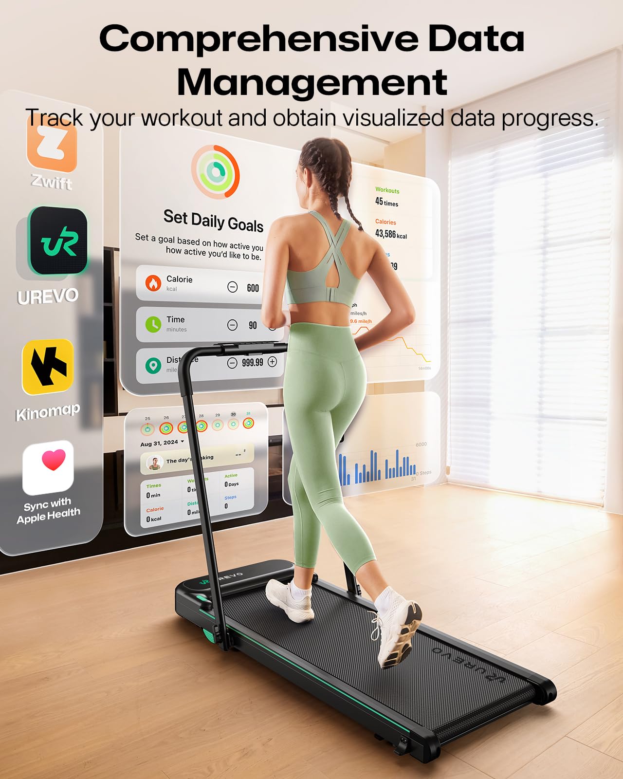 UREVO Strol 2E Smart 2-in-1 Folding Treadmill, Compact Walking Pad with Safety Handle, Plug and Play, Dual LED Display, Workout