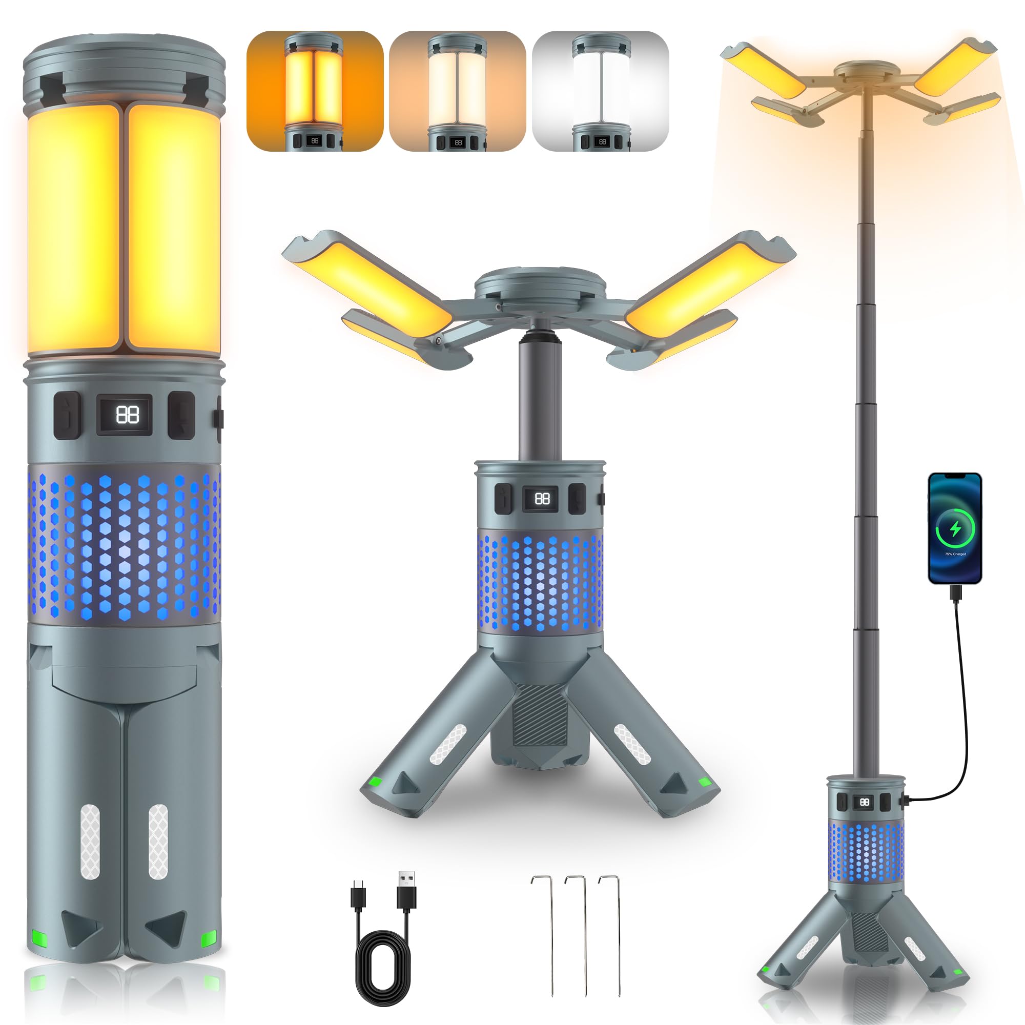 Camping Lights, Rechargeable Telescopic Camping Lights with Stand,12,000mAh Camping Lanterns & Lights with RGB, Magnetic Base, P
