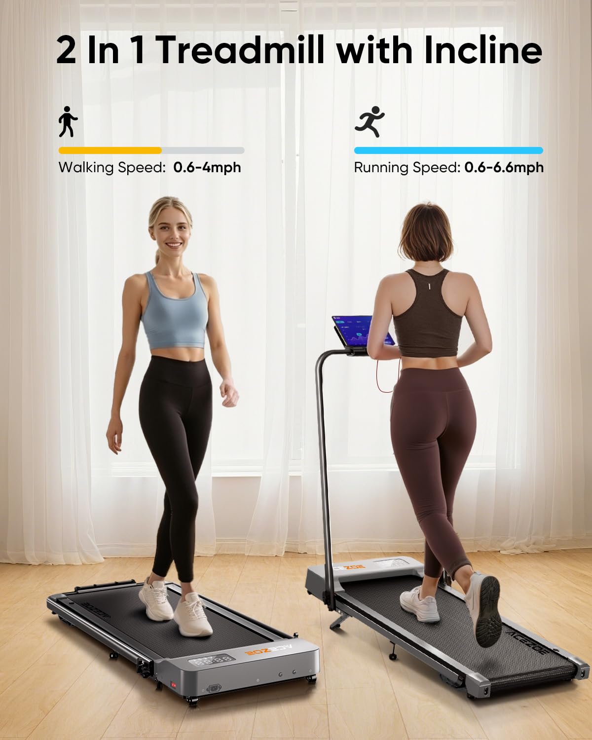 Acezoe 2-in-1 Foldable Treadmill with 3-Level 10% Incline, Walking Pad for Home Small Office, Compact Portable Under Desk Treadm