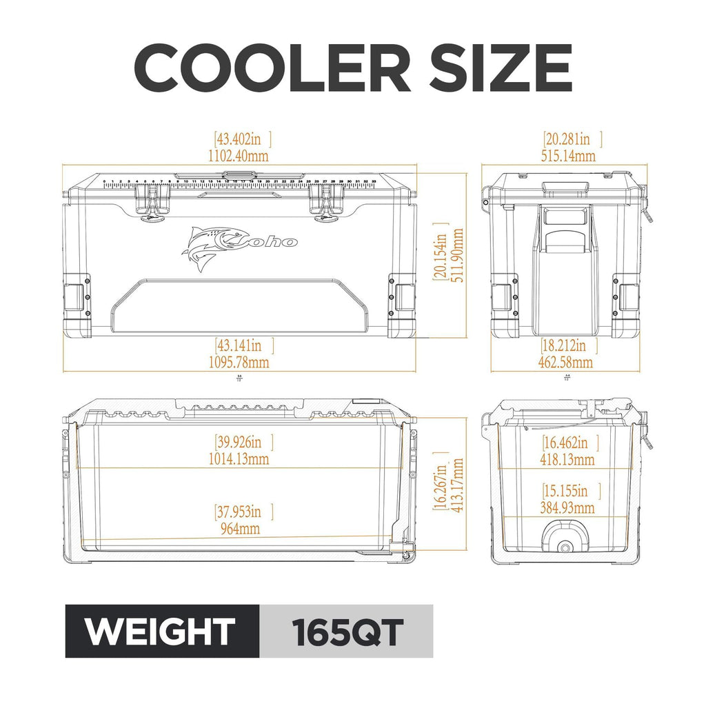 Coho 165Qt Insulated Hard Cooler With Fish Ruler, Removable Cup Holders, Magnetic Disc & Tie-Down Loops, Ice Chest For Camping,