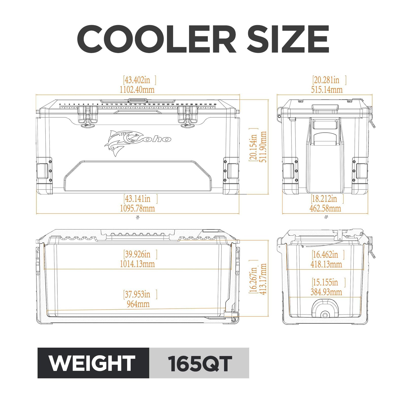 Coho 165Qt Insulated Hard Cooler With Fish Ruler, Removable Cup Holders, Magnetic Disc & Tie-Down Loops, Ice Chest For Camping,