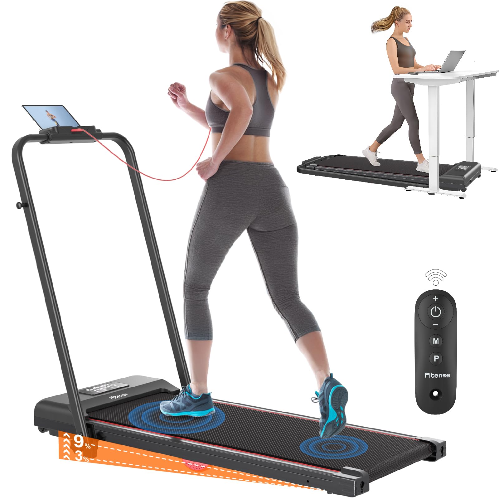 Walking Pad Treadmill With Incline 3%/9%, 2.5 Hp Under Desk Treadmills For Home Small Office With Handle Bar, 265Lbs Foldable Po