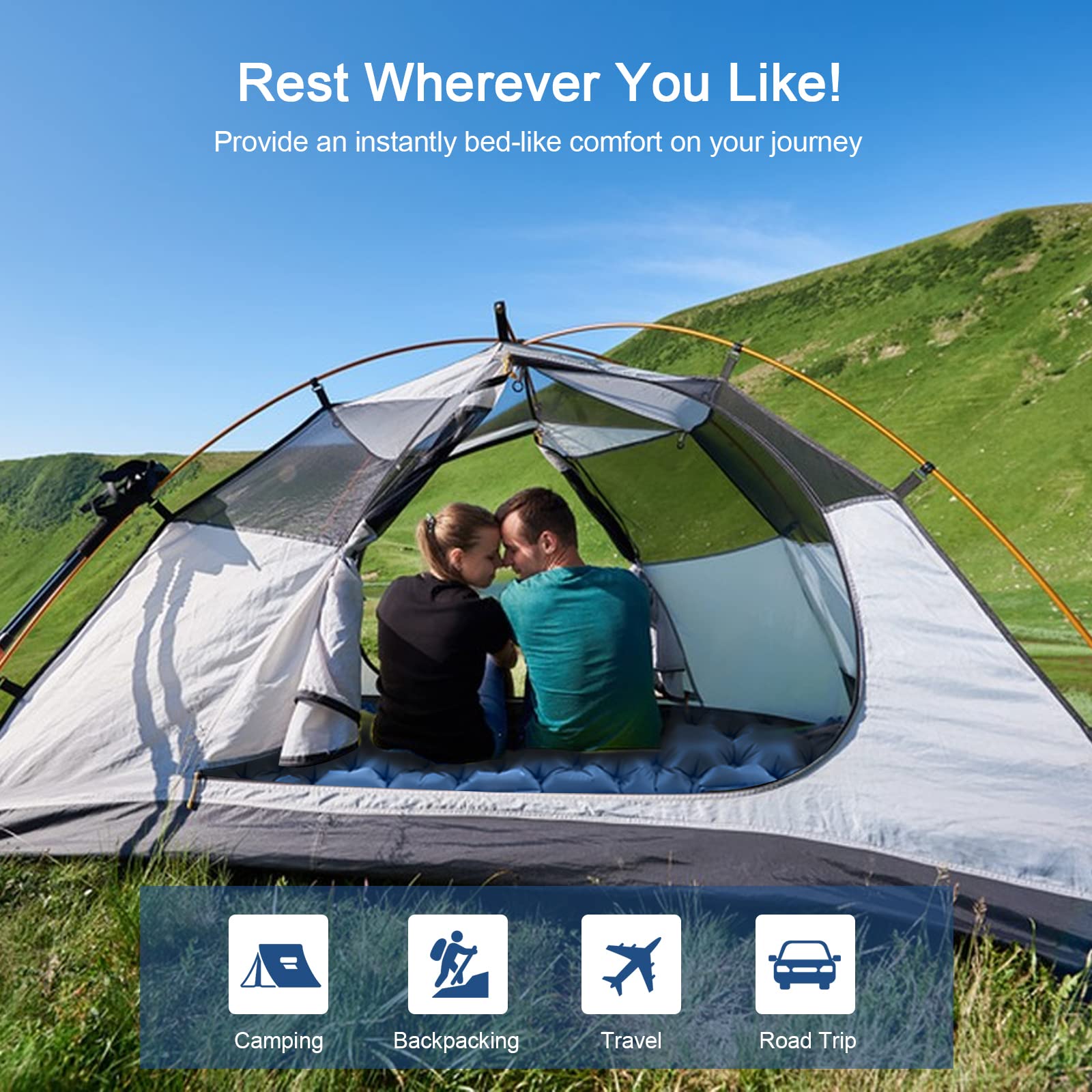 Hiipeak Double Sleeping Pad For Camping With Foot Pump & Pillow, Self Inflating Sleeping Mat For 2 Person, Ultralight Portable S