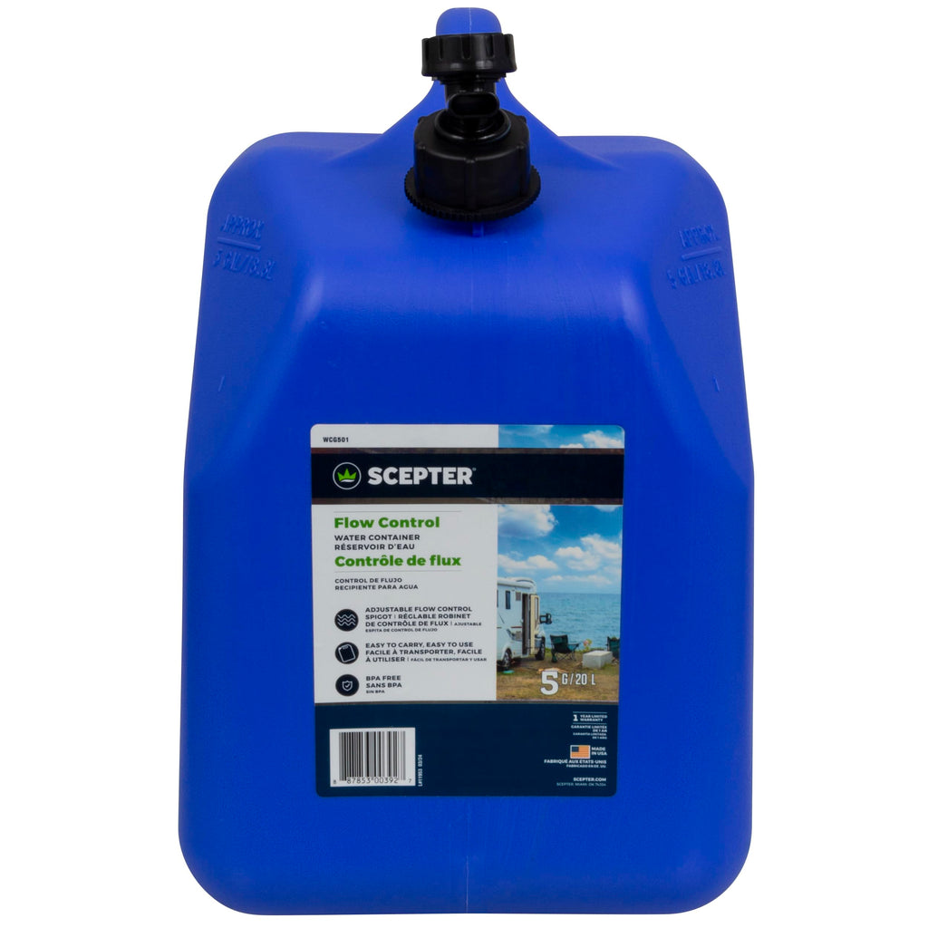 Scepter Flow Control 5 Gallon Water Jug With Spigot, Leak-Proof Heavy Duty Water Can For Camping Supplies, Storage, Hurricanes A