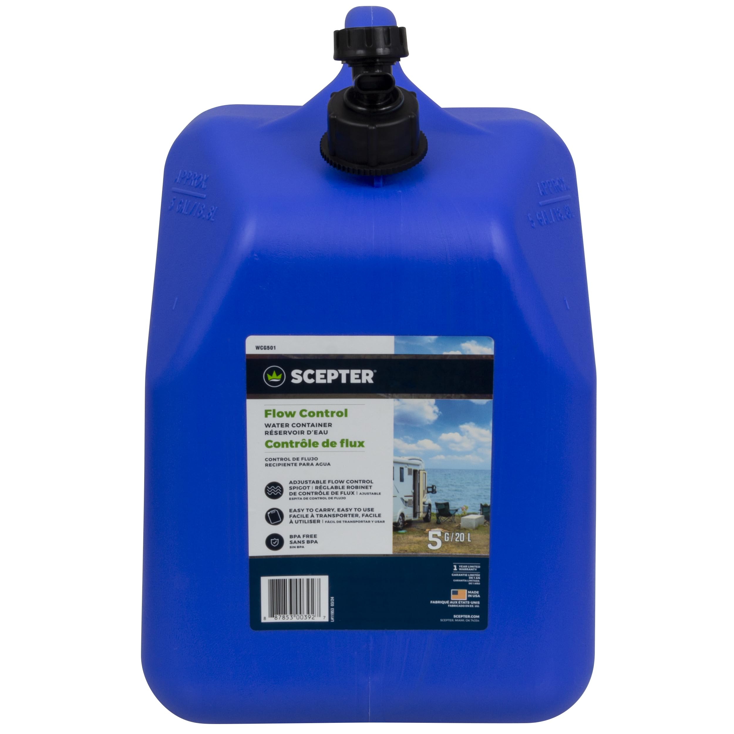 Scepter Flow Control 5 Gallon Water Jug With Spigot, Leak-Proof Heavy Duty Water Can For Camping Supplies, Storage, Hurricanes A